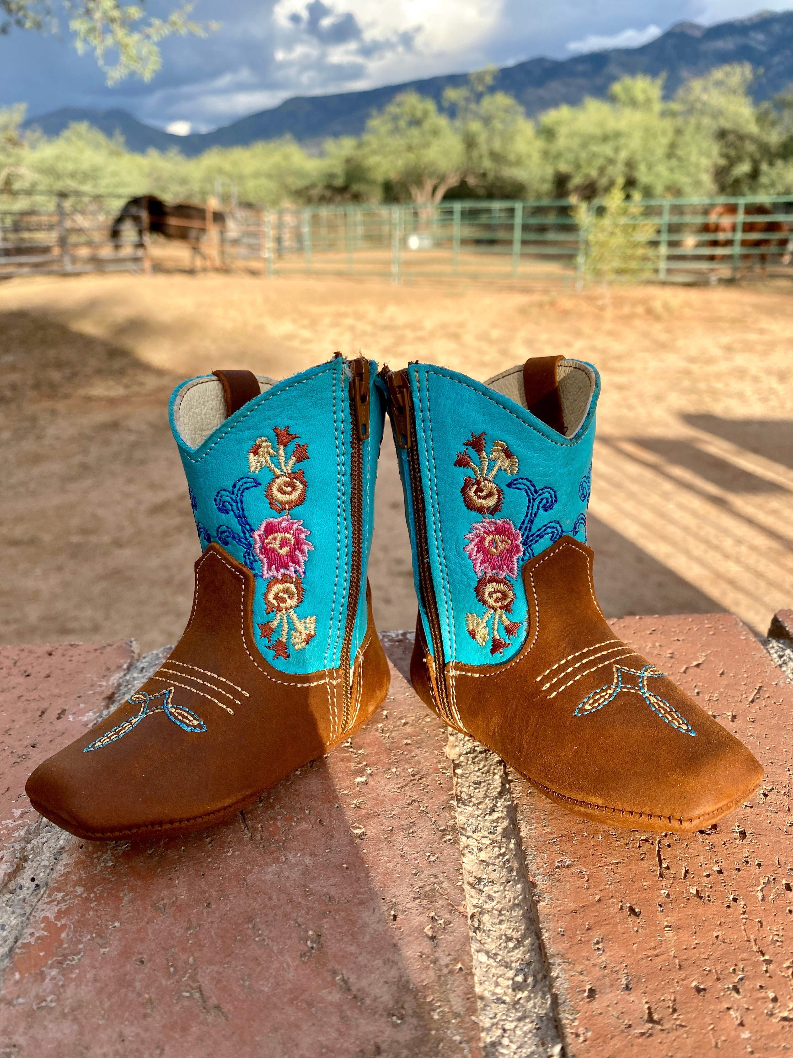 Western Leather infant Baby Boots Turquoise & Flowered