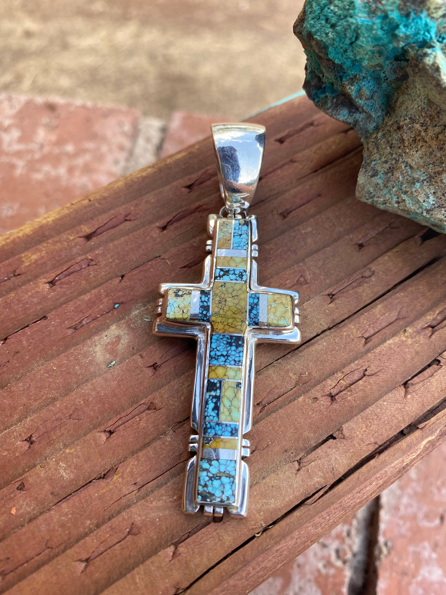 Natural Blue Moon Turquoise & Sterling Silver Navajo Cross Pendant