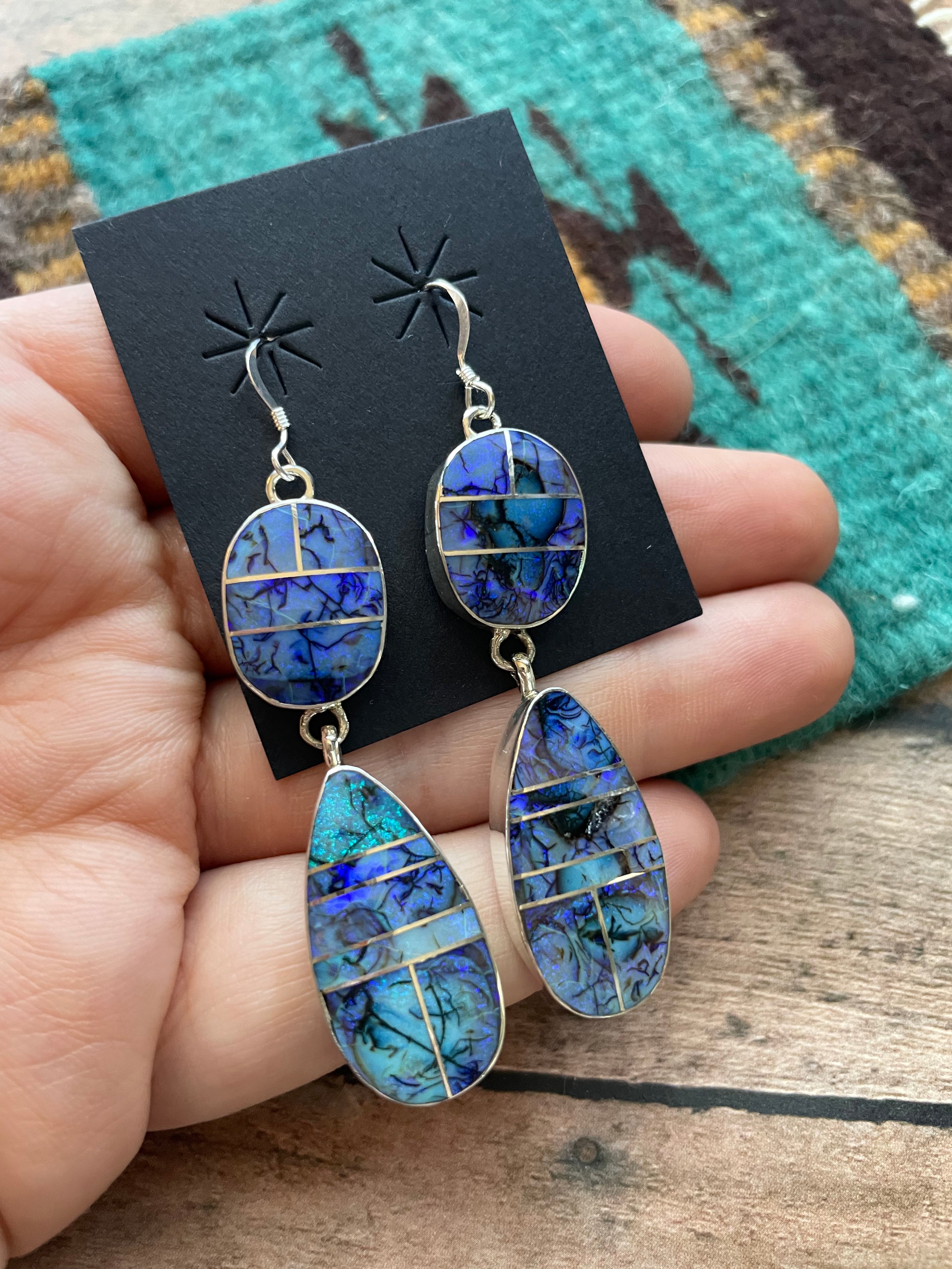 Navajo Blue Opal Web & Sterling Silver Dangle Earrings Signed