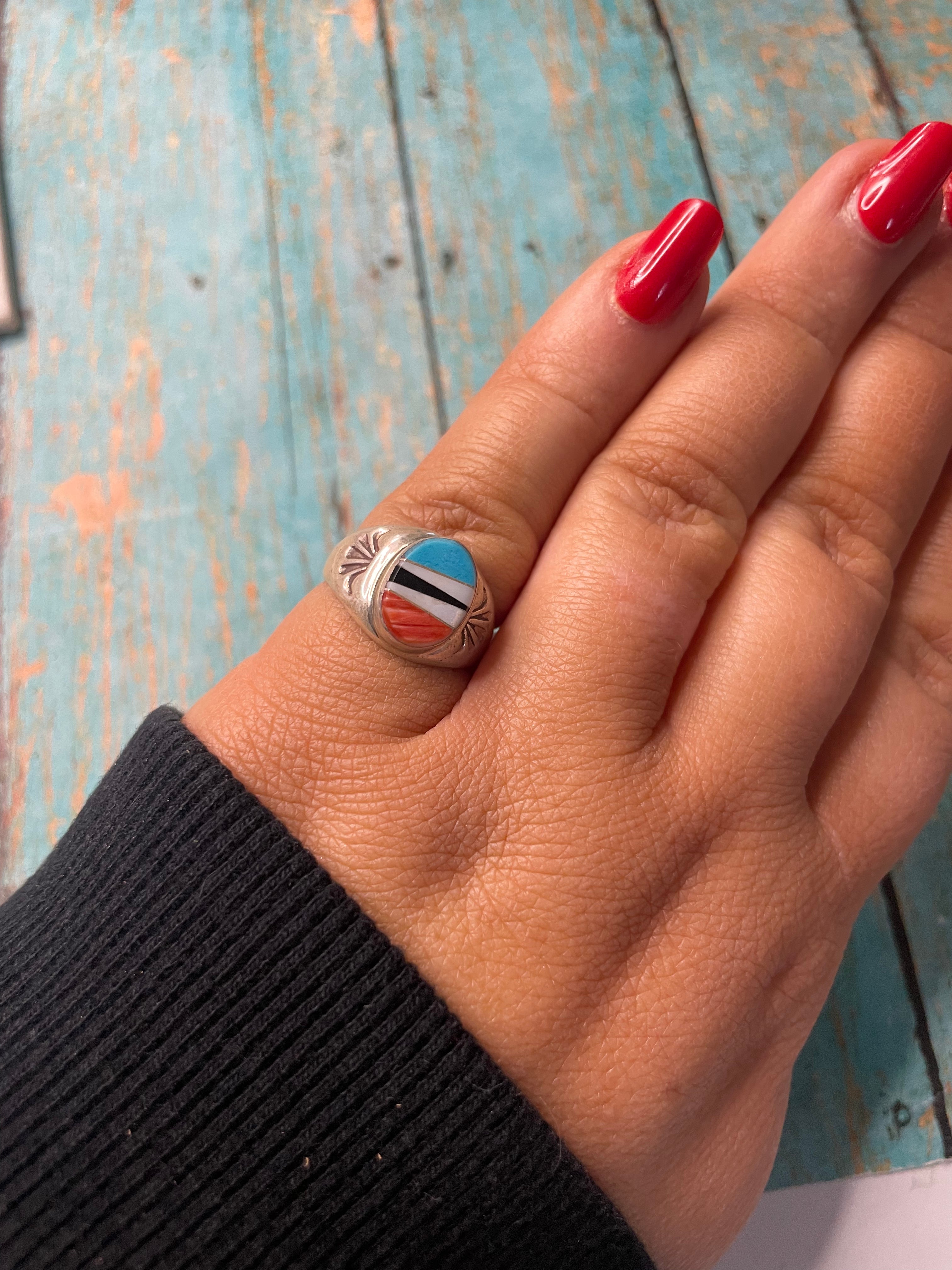 Old Pawn Navajo Sterling Silver & Multi Stone Inlay Ring Size 6