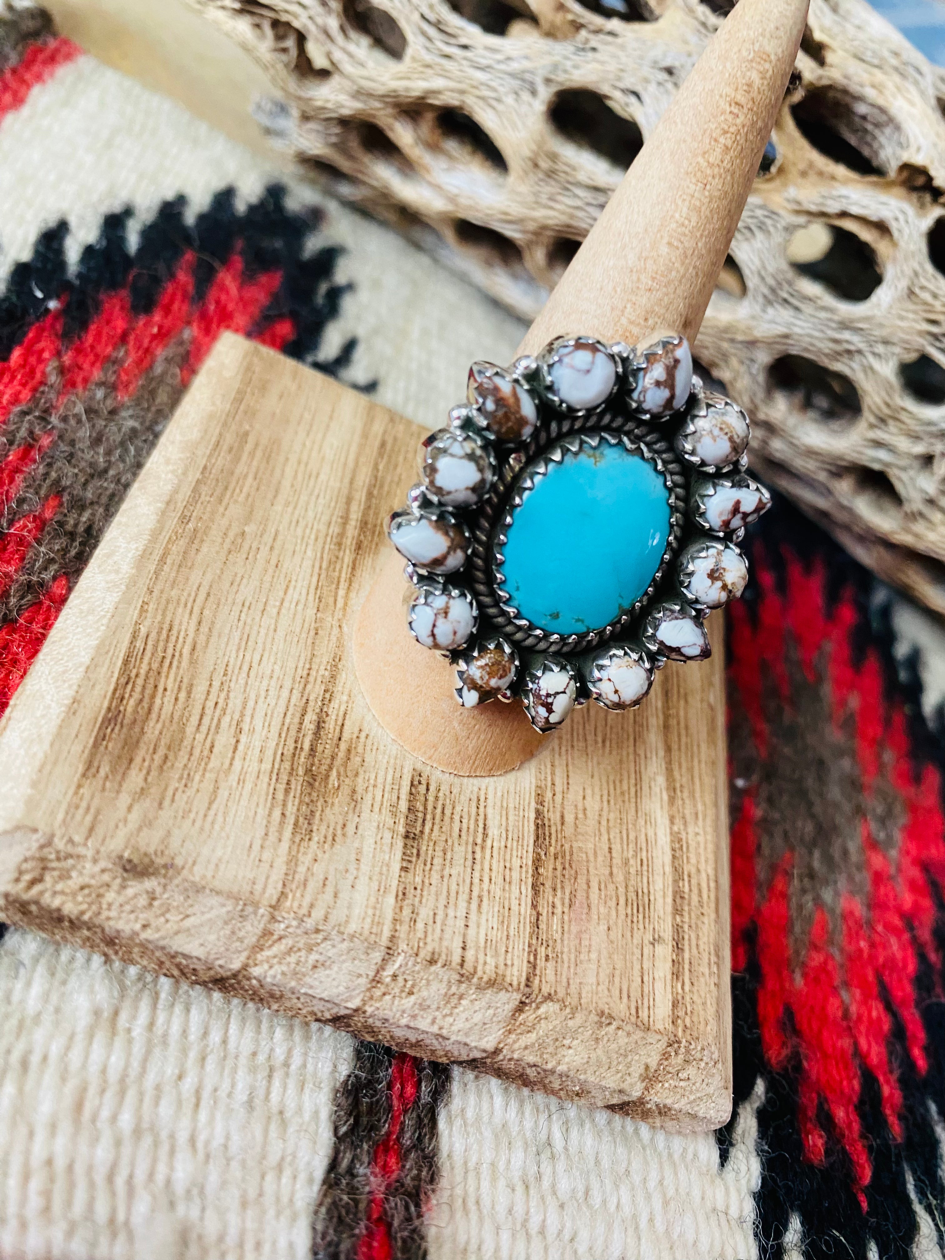 Handmade Sterling Silver, Wild Horse & Turquoise Cluster Adjustable Ring