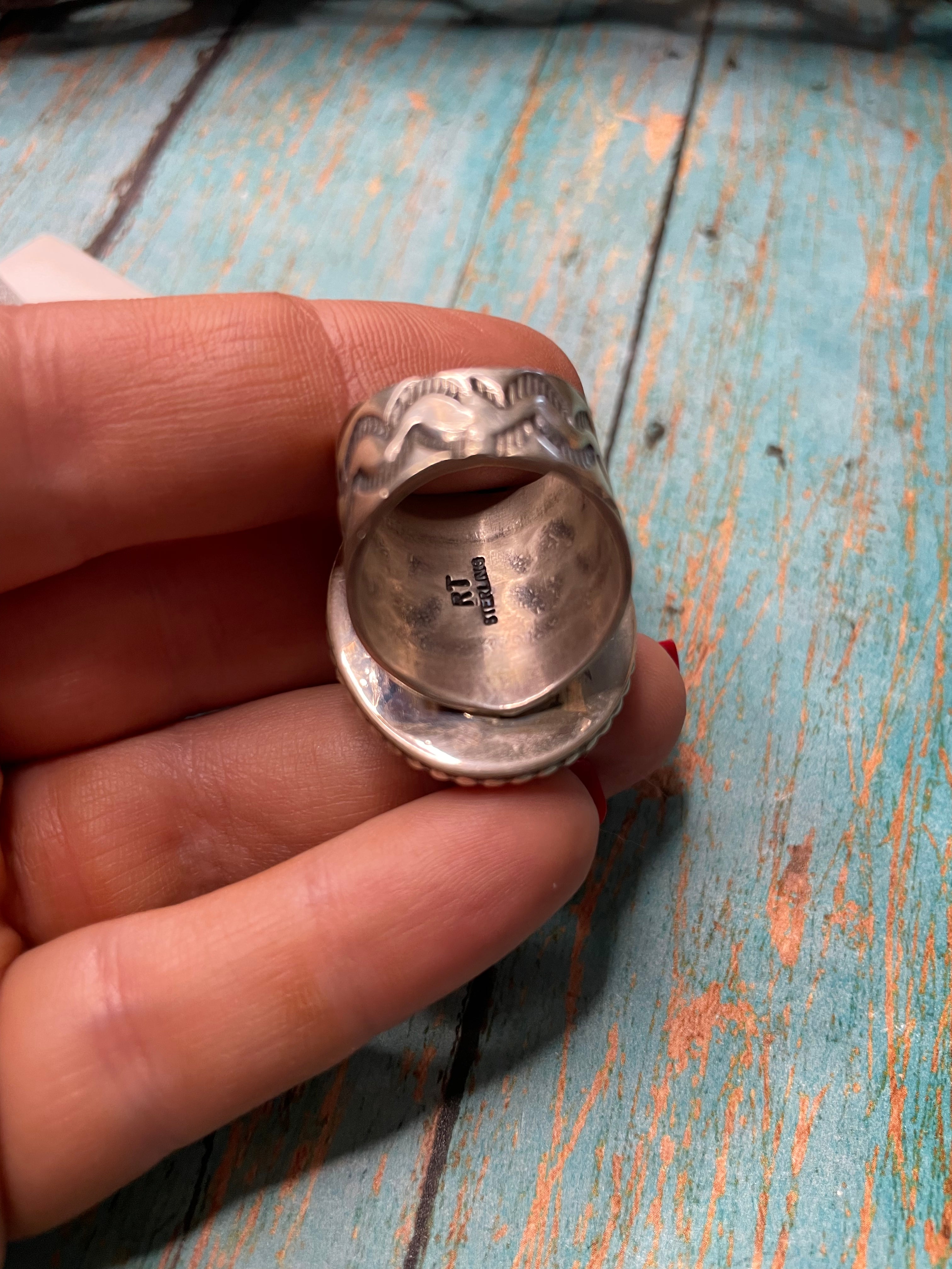 Old Pawn Navajo Sterling Silver & Tibetan Turquoise Ring Size 8