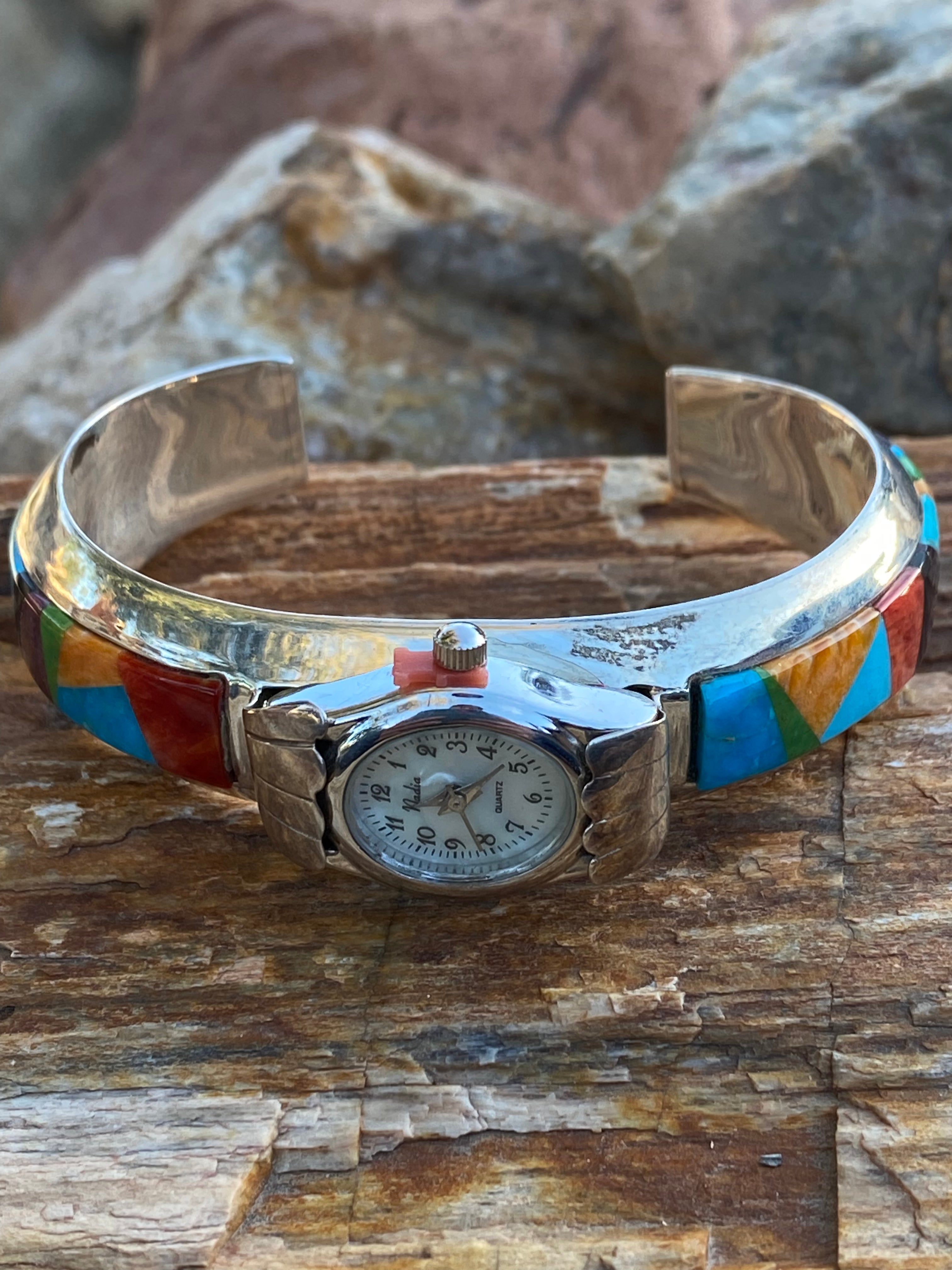 Navajo Turquoise, Purple spiny & Sterling silver Inlay Watch