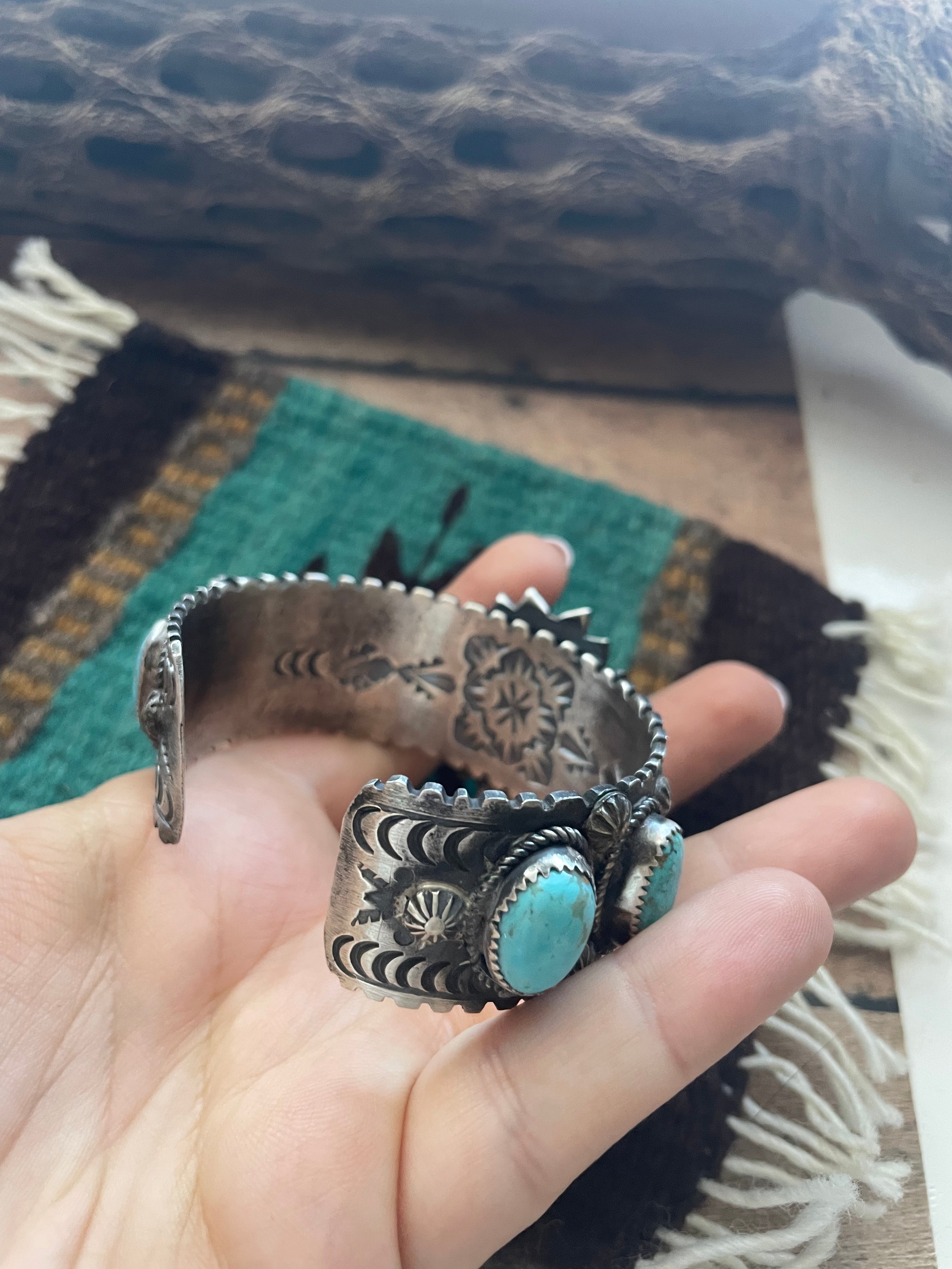 Navajo Sterling Cuff & Kingman Turquoise Cuff Bracelet Signed