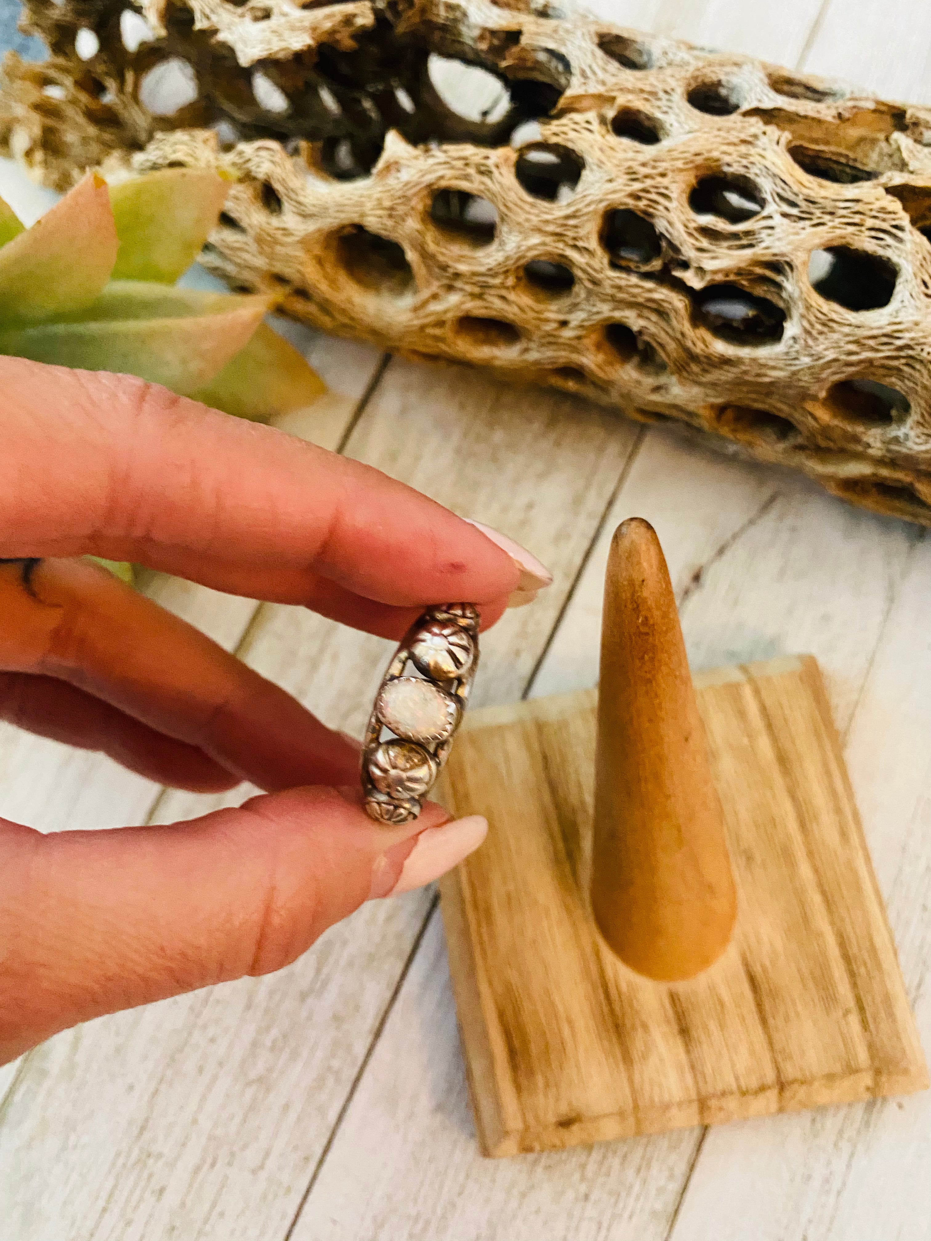 Navajo White Opal and Sterling Silver Concho Band Ring