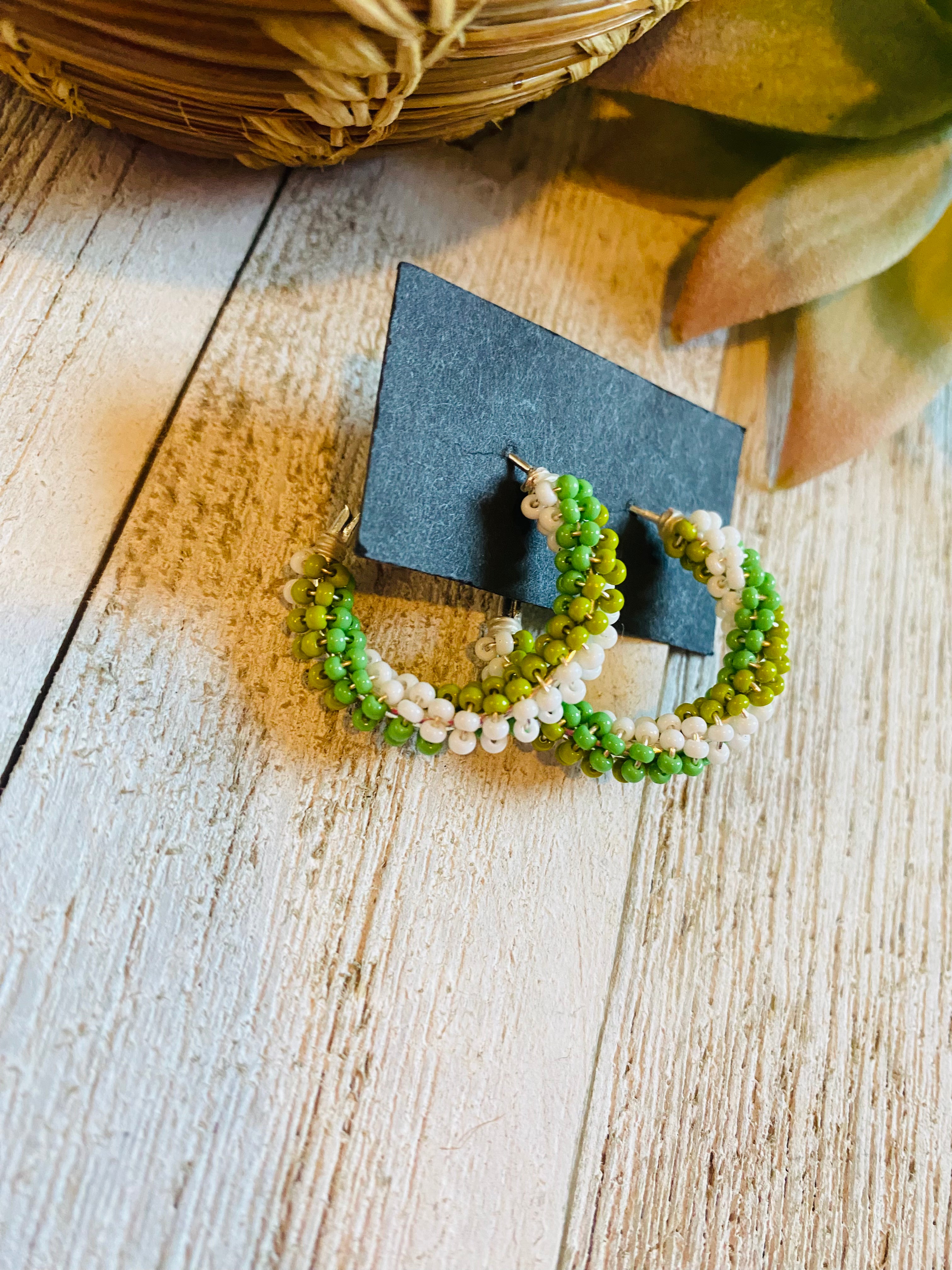 Navajo Handmade Beaded Hoop Earrings- green