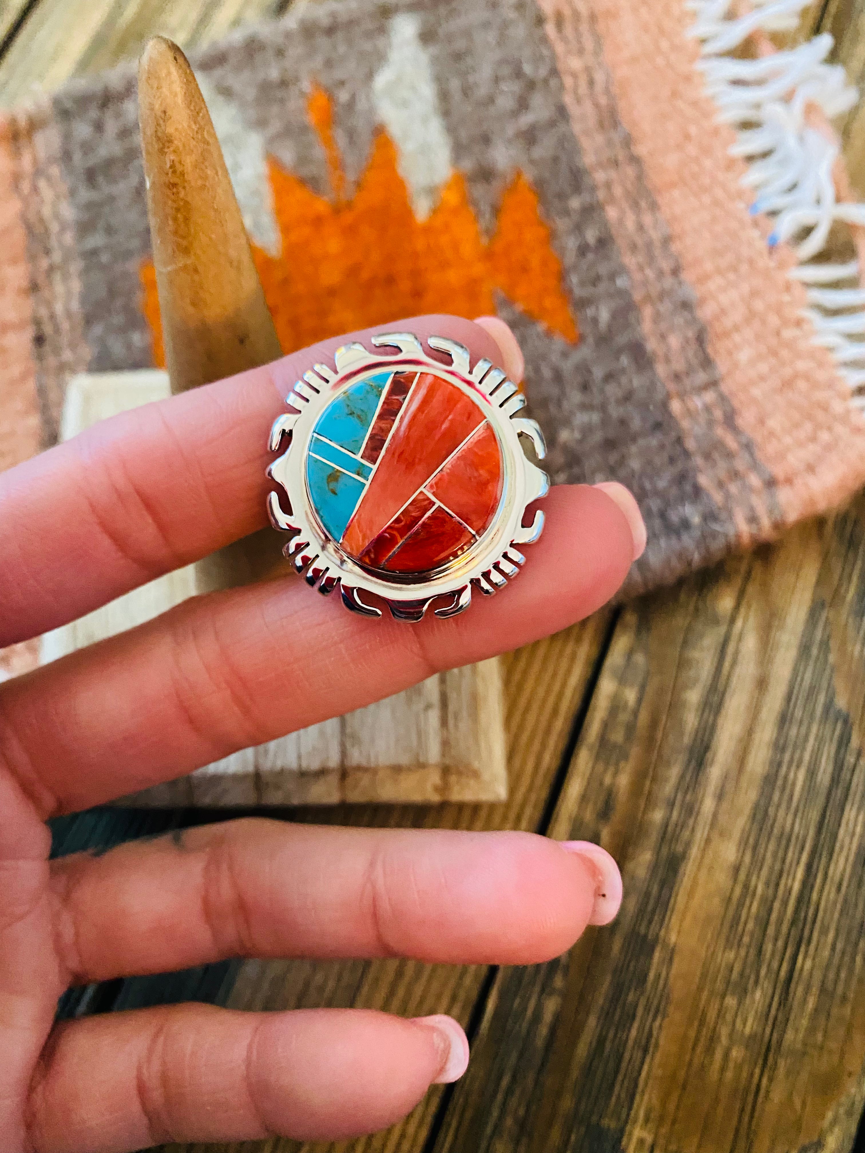 Navajo Sterling Silver, Orange Spiny & Turquoise Inlay Ring Size 6.5