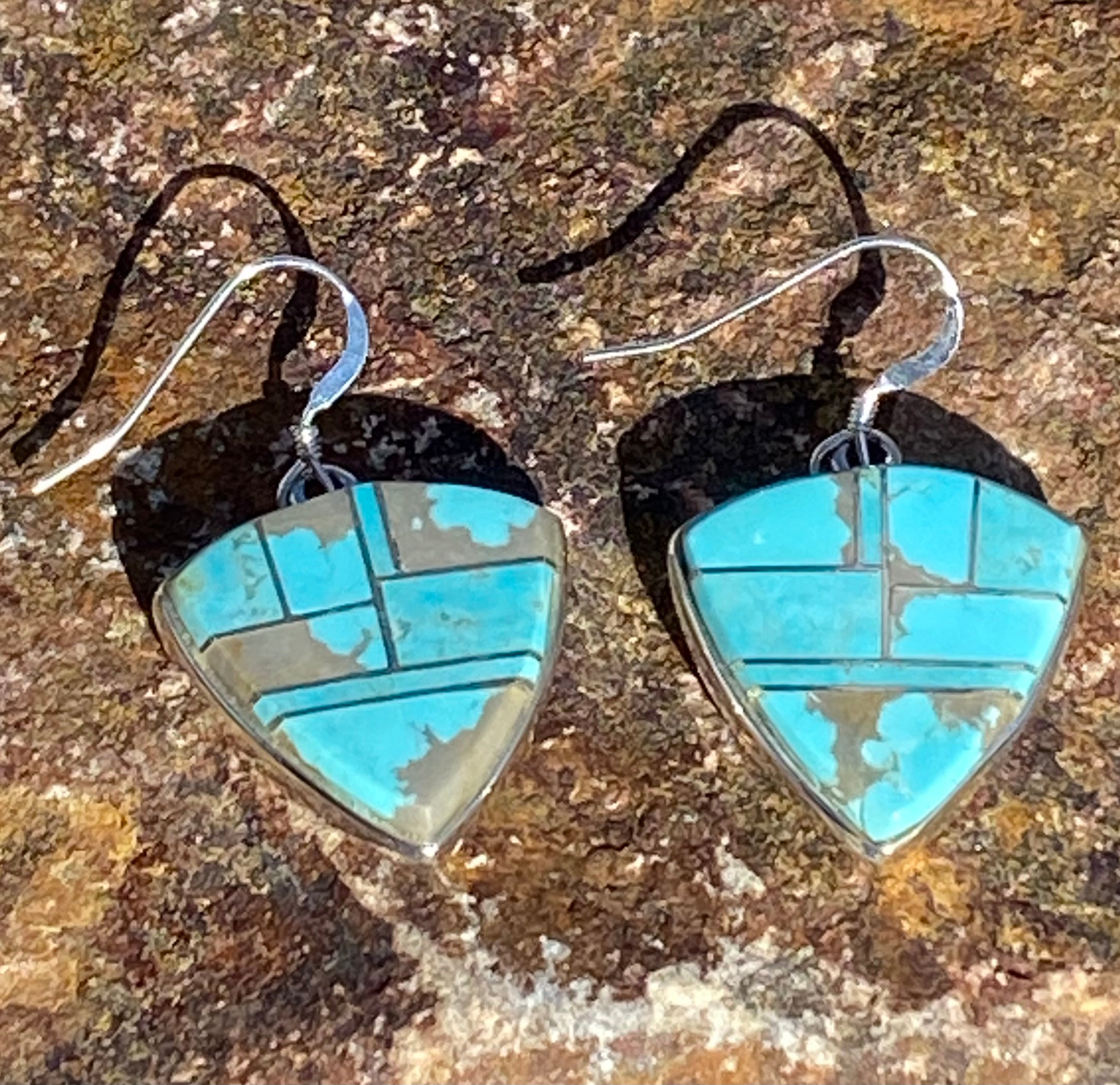 Navajo Turquoise 8 & Sterling Silver Shield Dangle Earrings