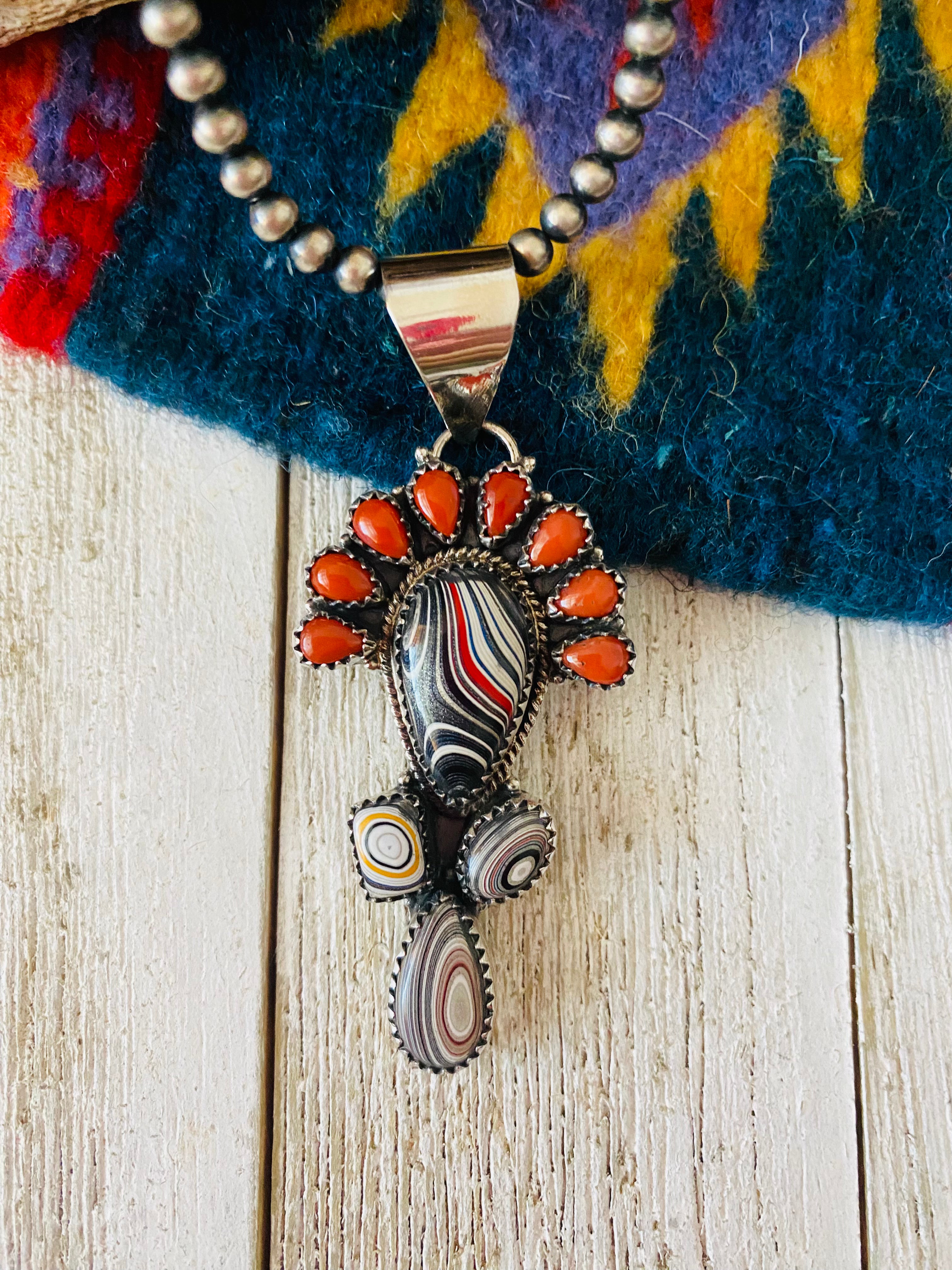 Handmade Sterling Silver, Fordite & Coral Cluster Pendant