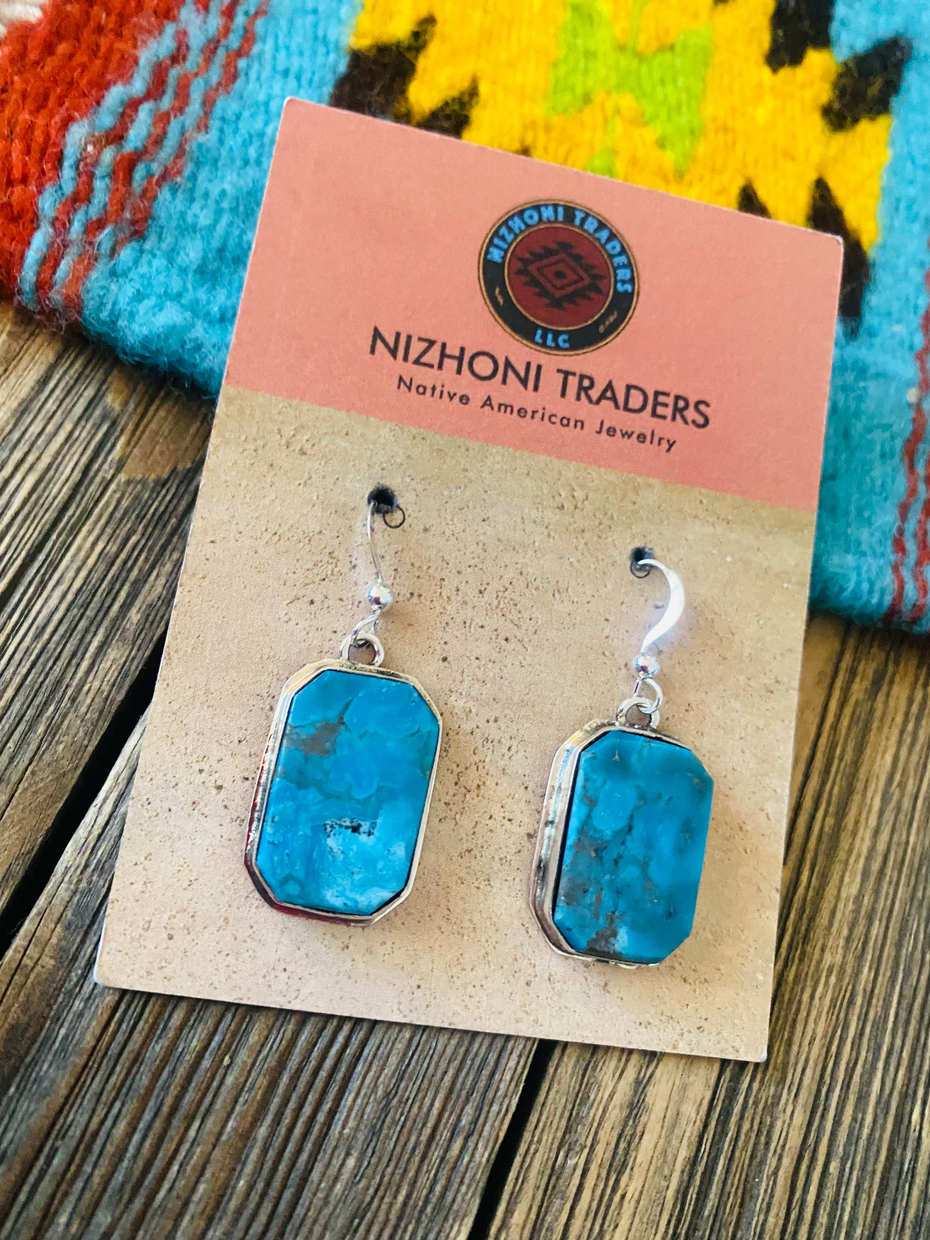 Navajo Kingman Turquoise & Sterling Silver Dangle Earrings Signed