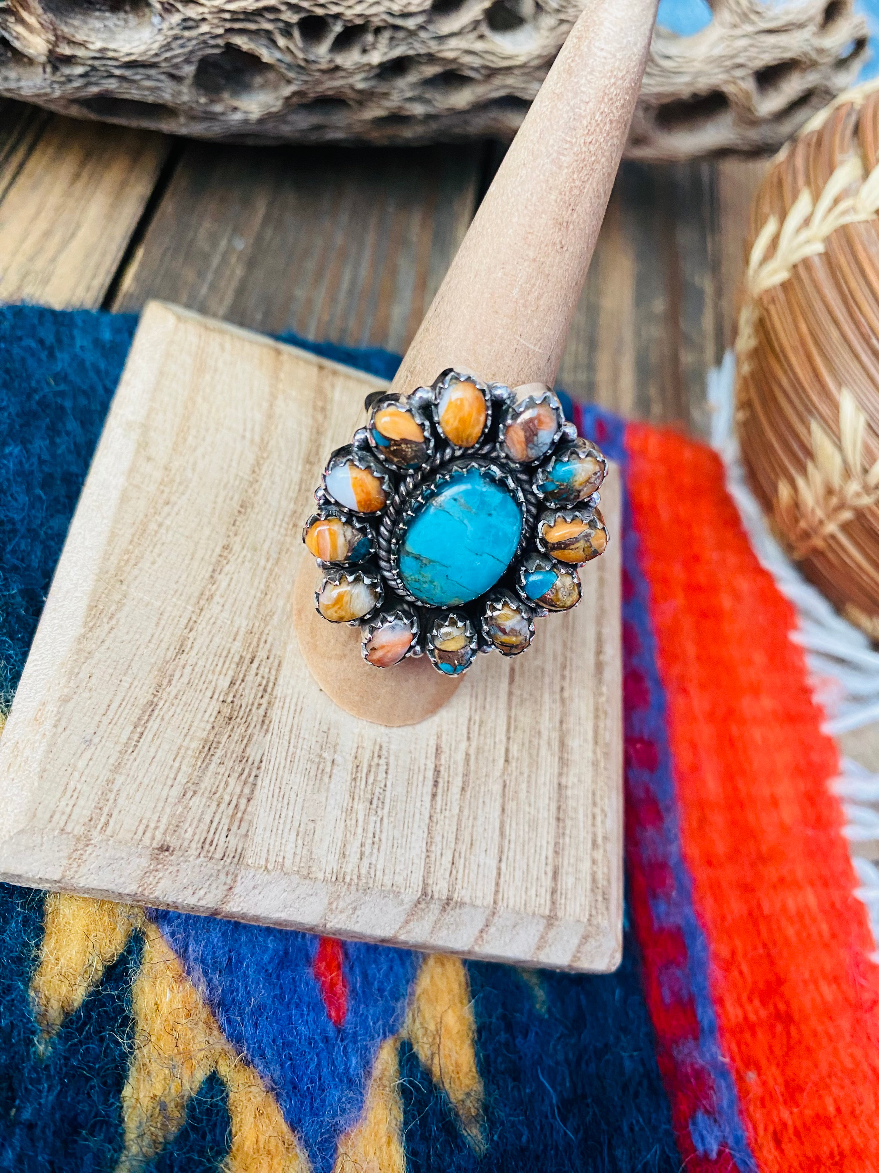 Handmade Sterling Silver, Spice & Turquoise Cluster Adjustable Ring