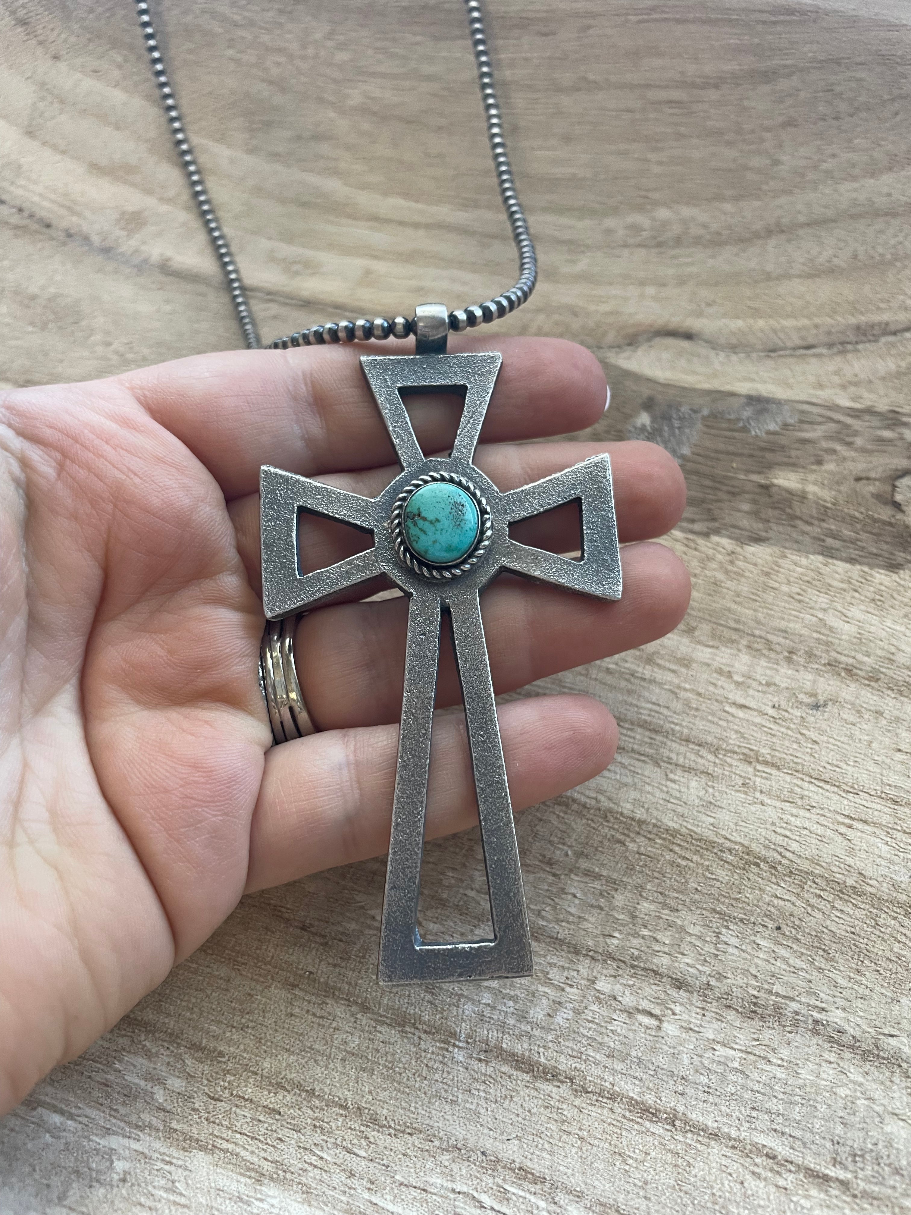 Navajo Sterling Silver & Turquoise Cross Pendant Signed Eugene Mitchell