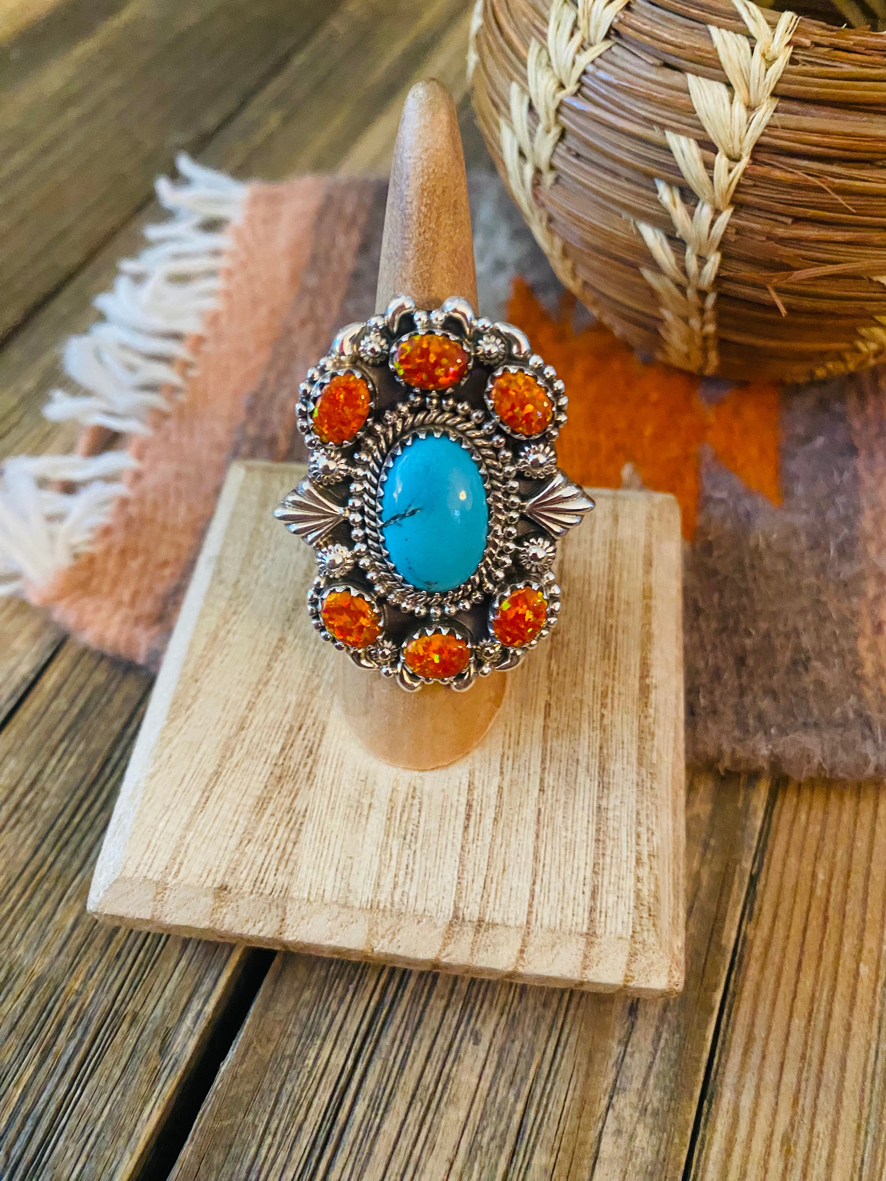 Handmade Sterling Silver, Turquoise & Opal Cluster Adjustable Ring