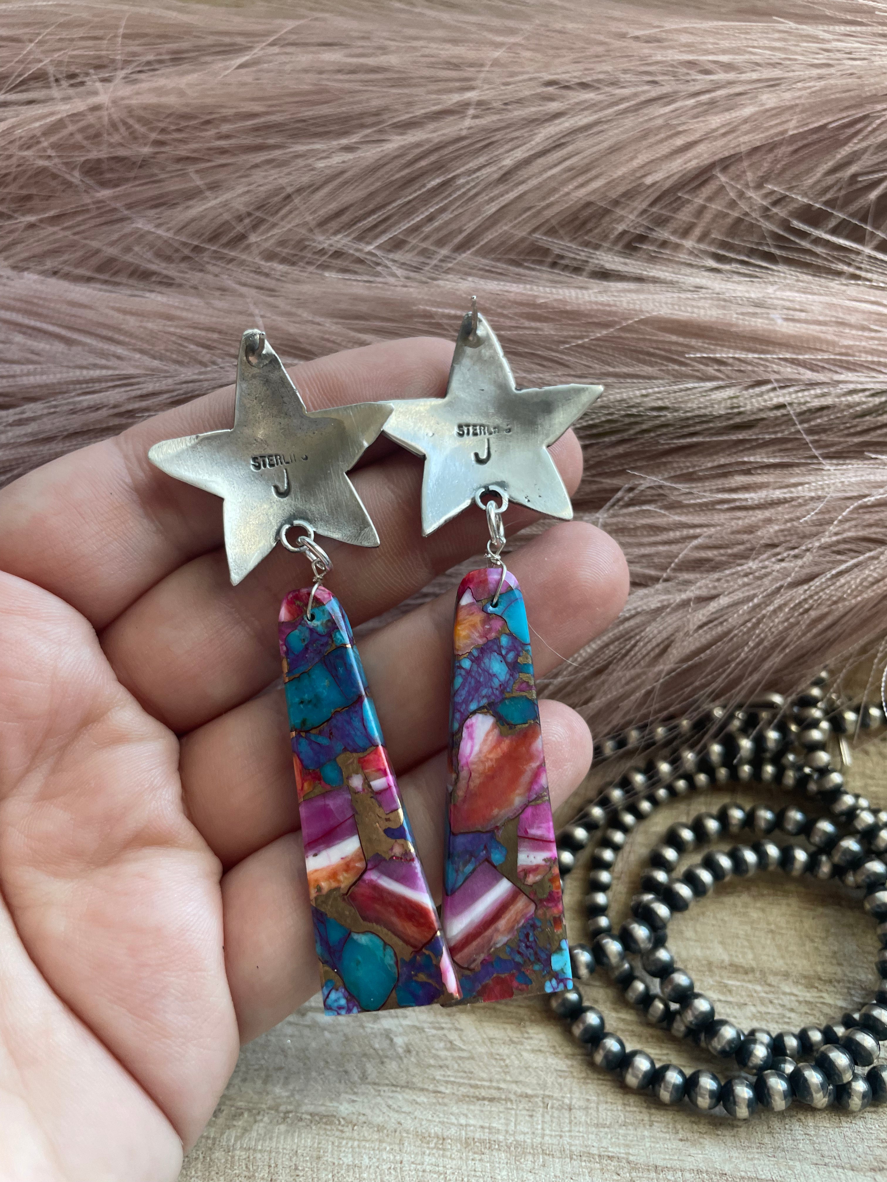 Navajo Sterling Silver & Pink Dream Slab Star Dangle Earrings