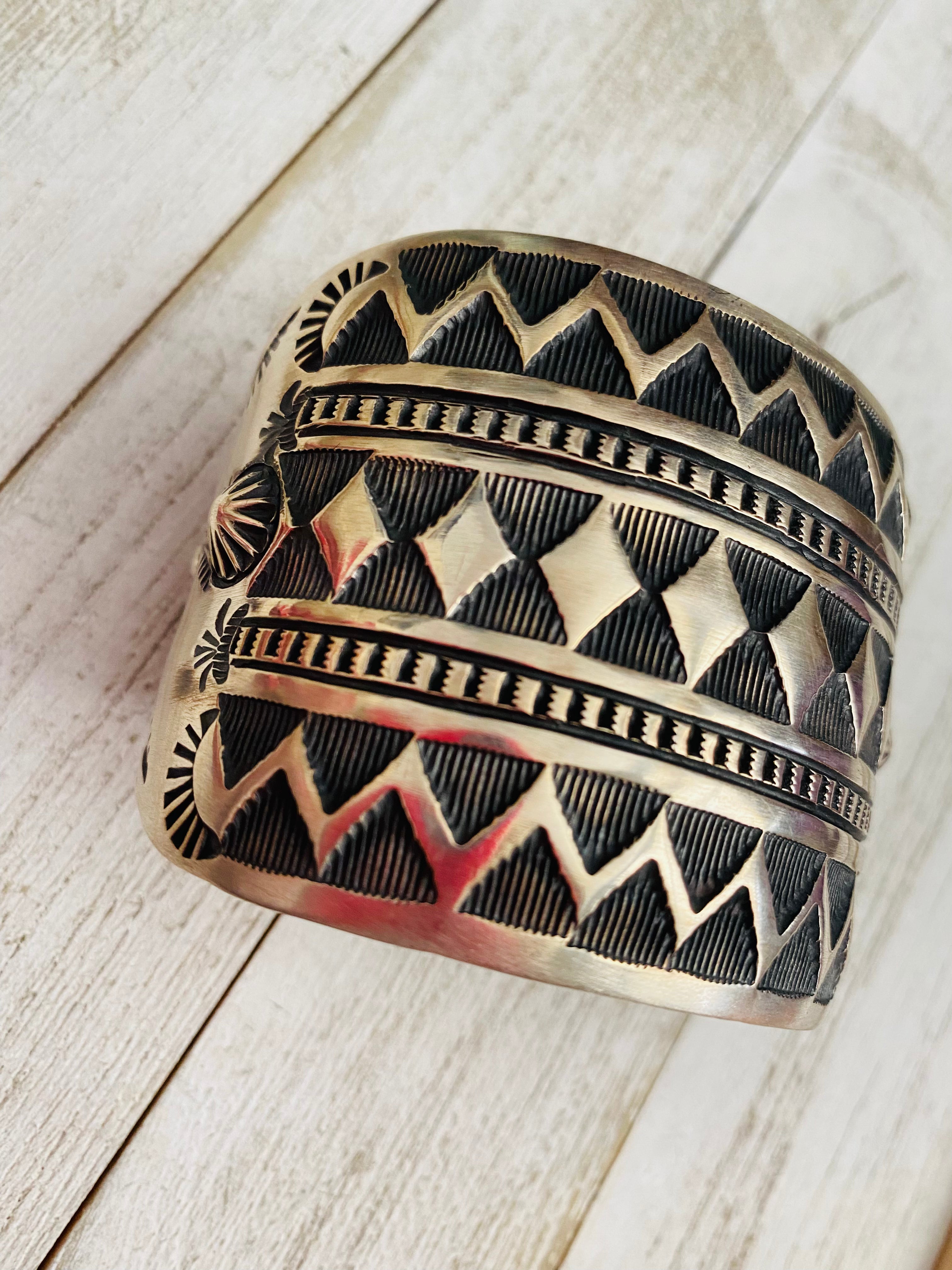 Navajo Hand Stamped Sterling Silver Cuff Bracelet by Elvira Bill