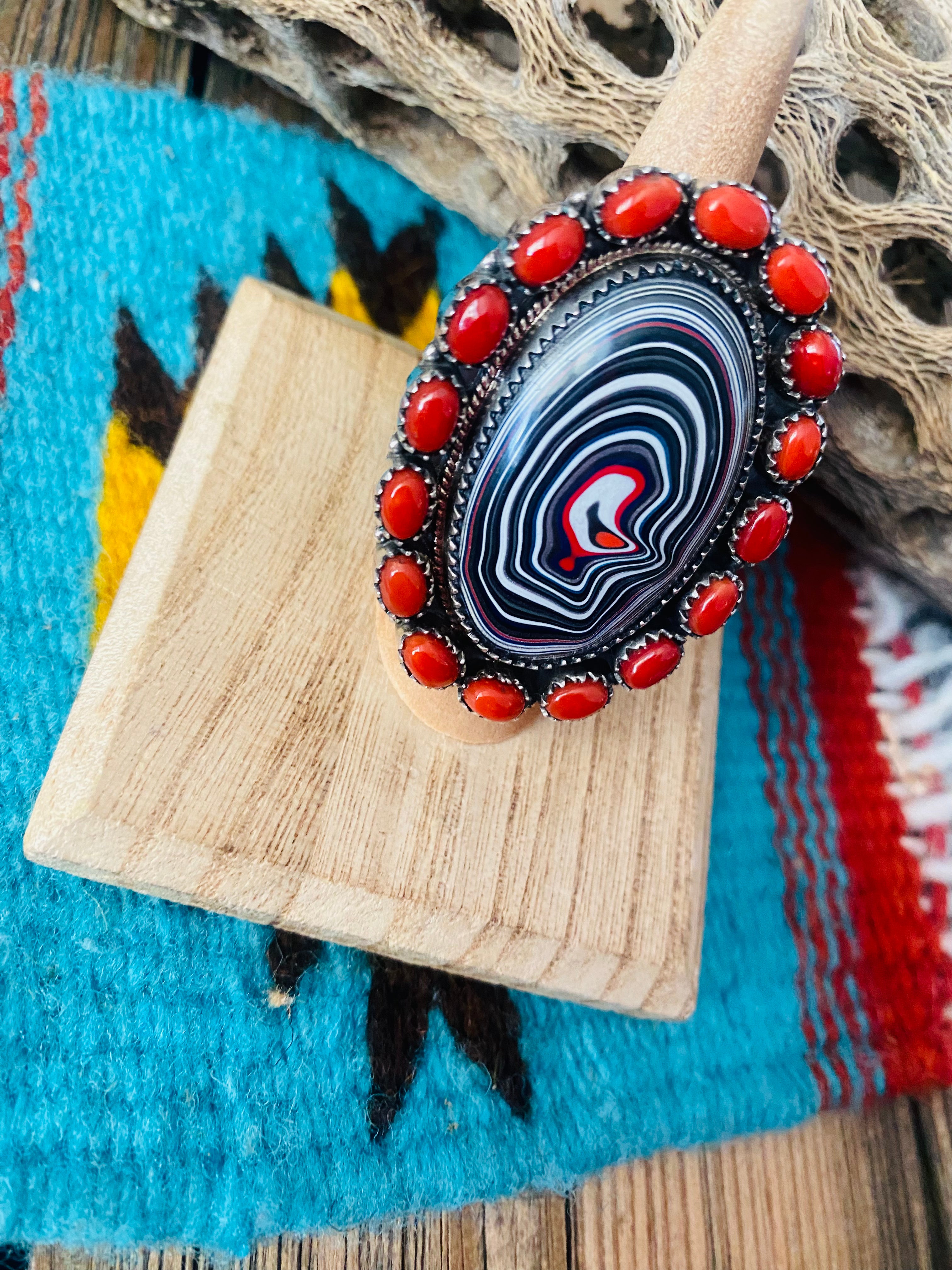 Handmade Sterling Silver, Fordite & Coral Cluster Adjustable Ring