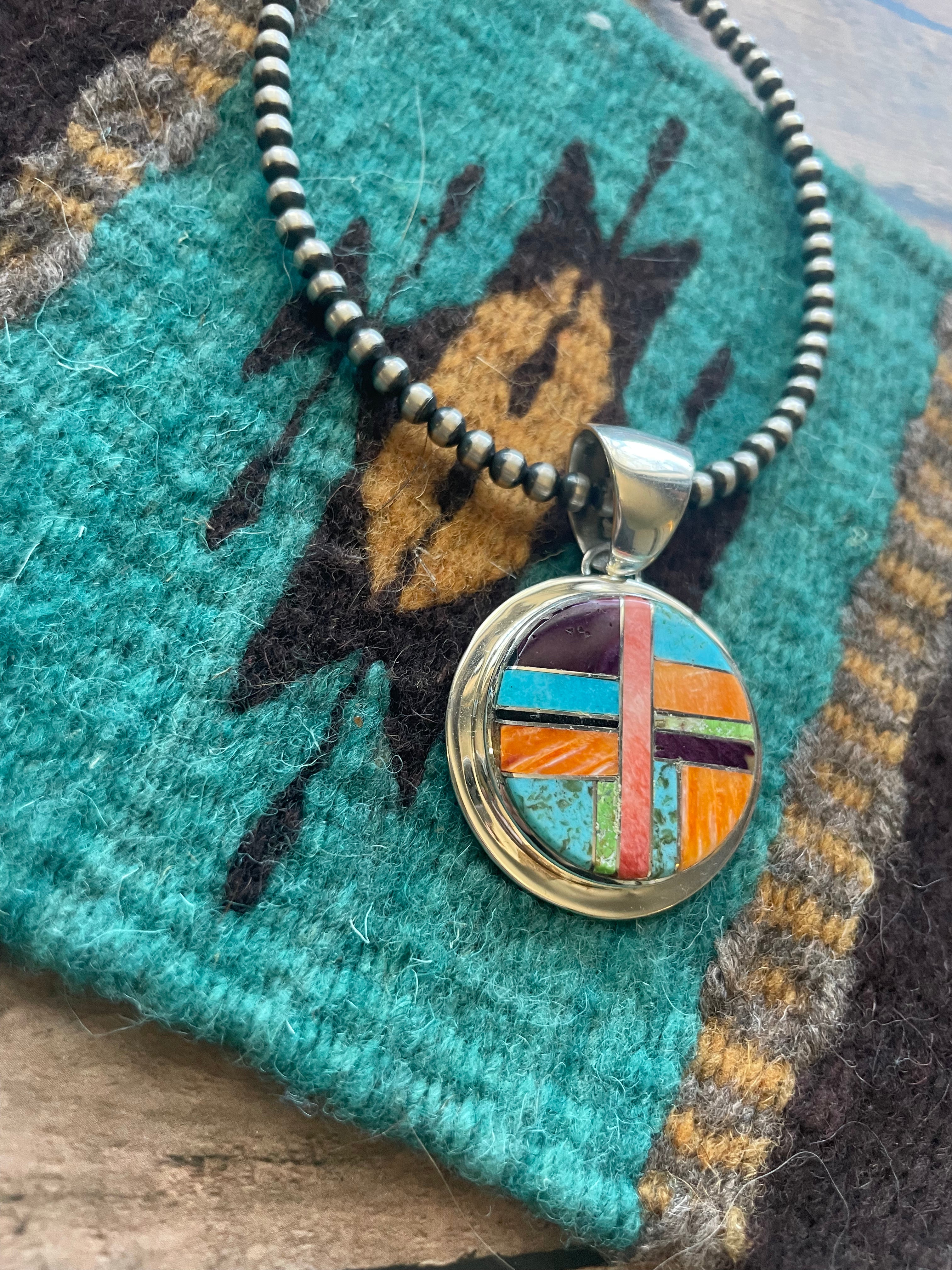 Navajo Multi Stone Inlay & Sterling Silver Circle Pendant