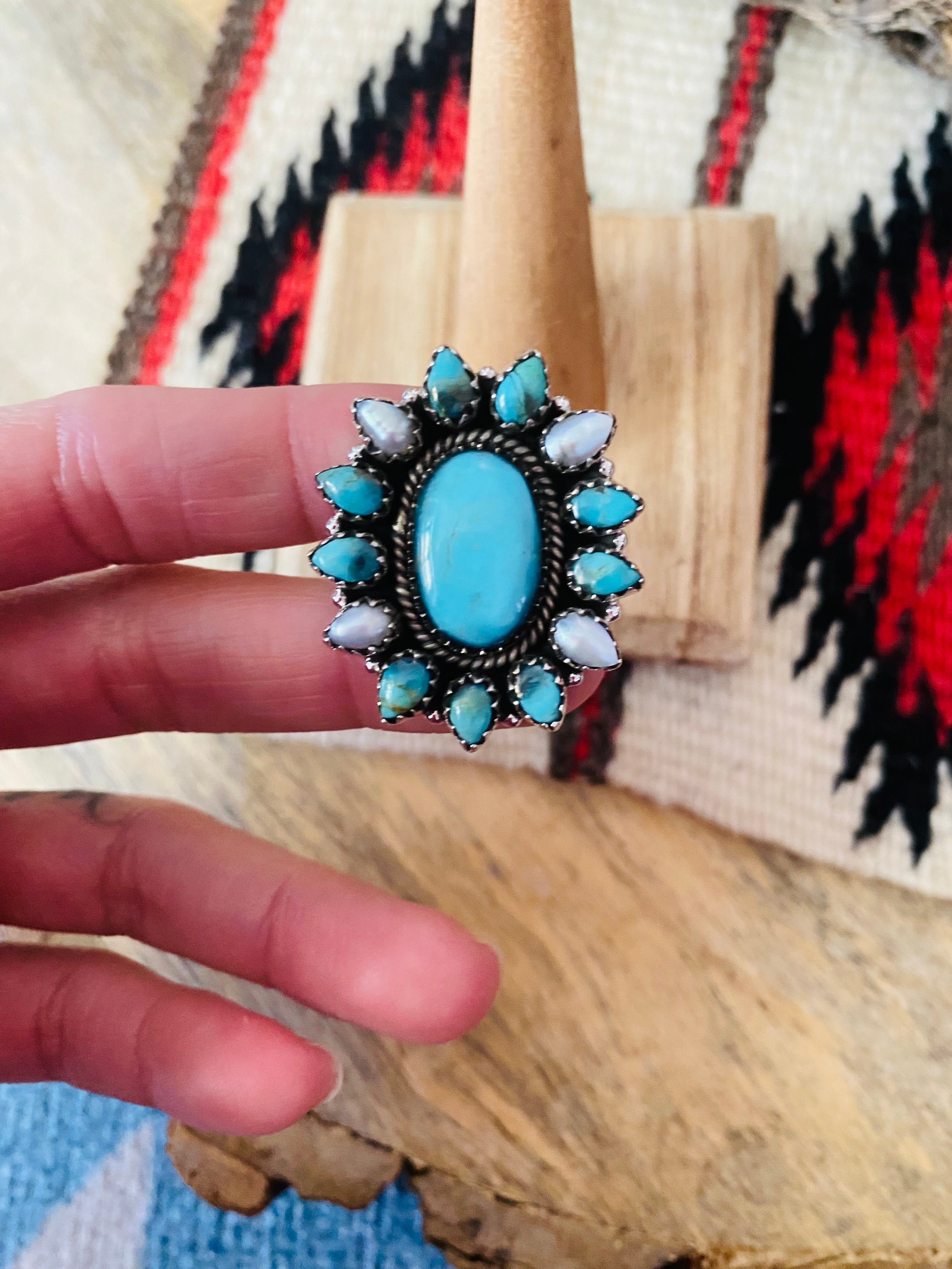 Handmade Sterling Silver, Turquoise & Pearl Cluster Adjustable Ring