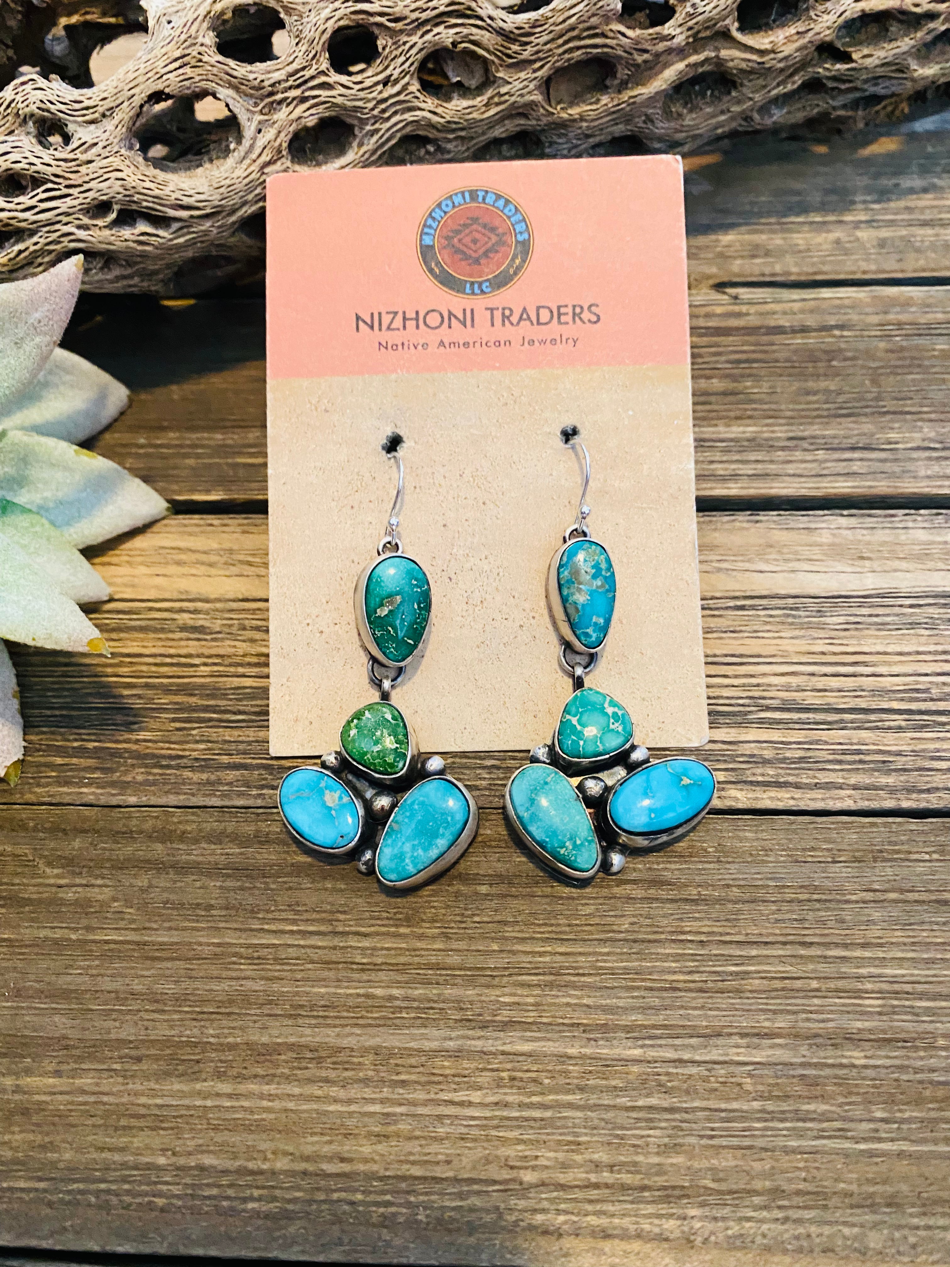 Navajo Multi Turquoise & Sterling Silver Cluster Dangle Earrings