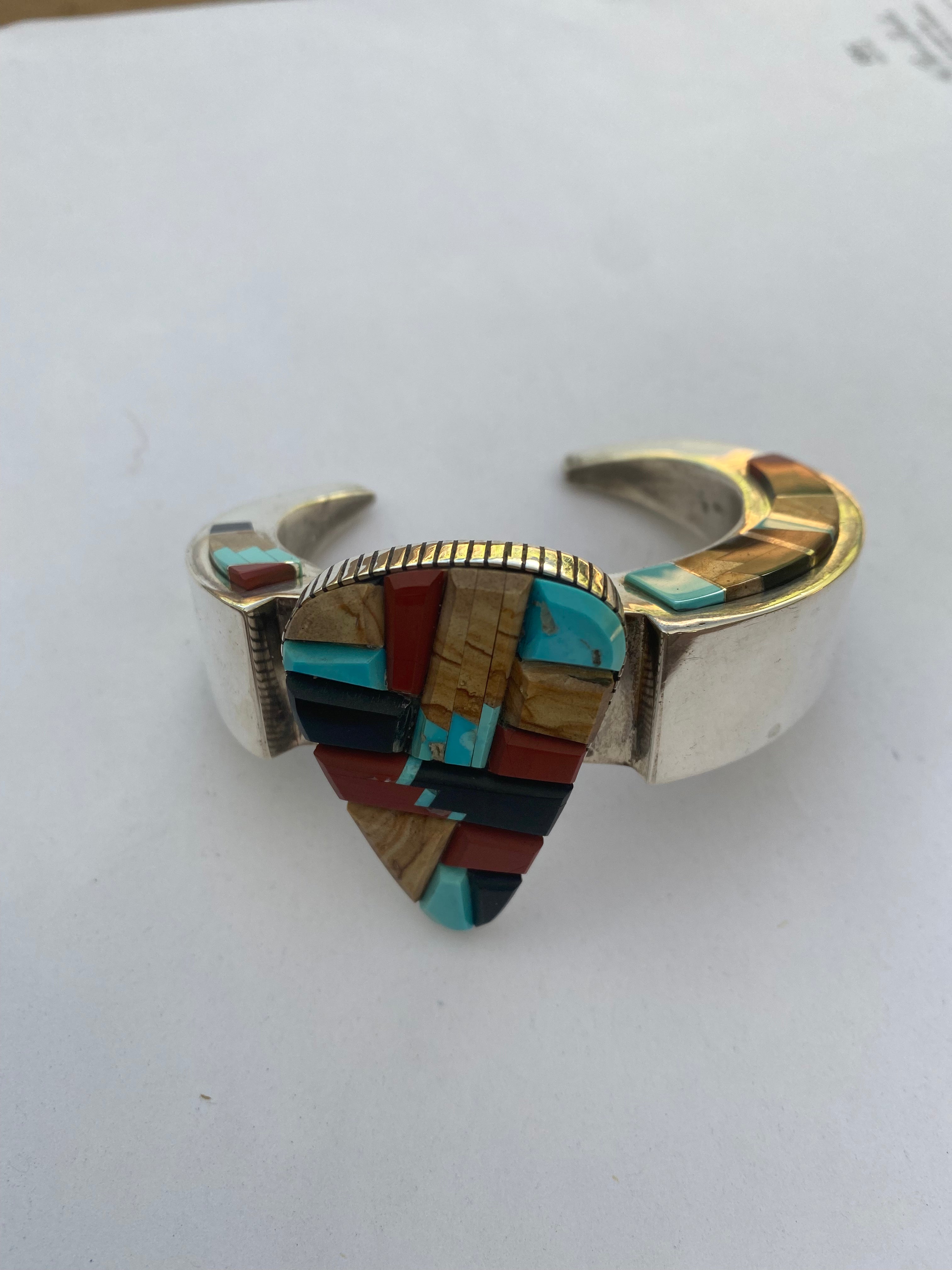 Navajo Multi Stone & Sterling Silver High Rise Inlay Cuff Bracelet