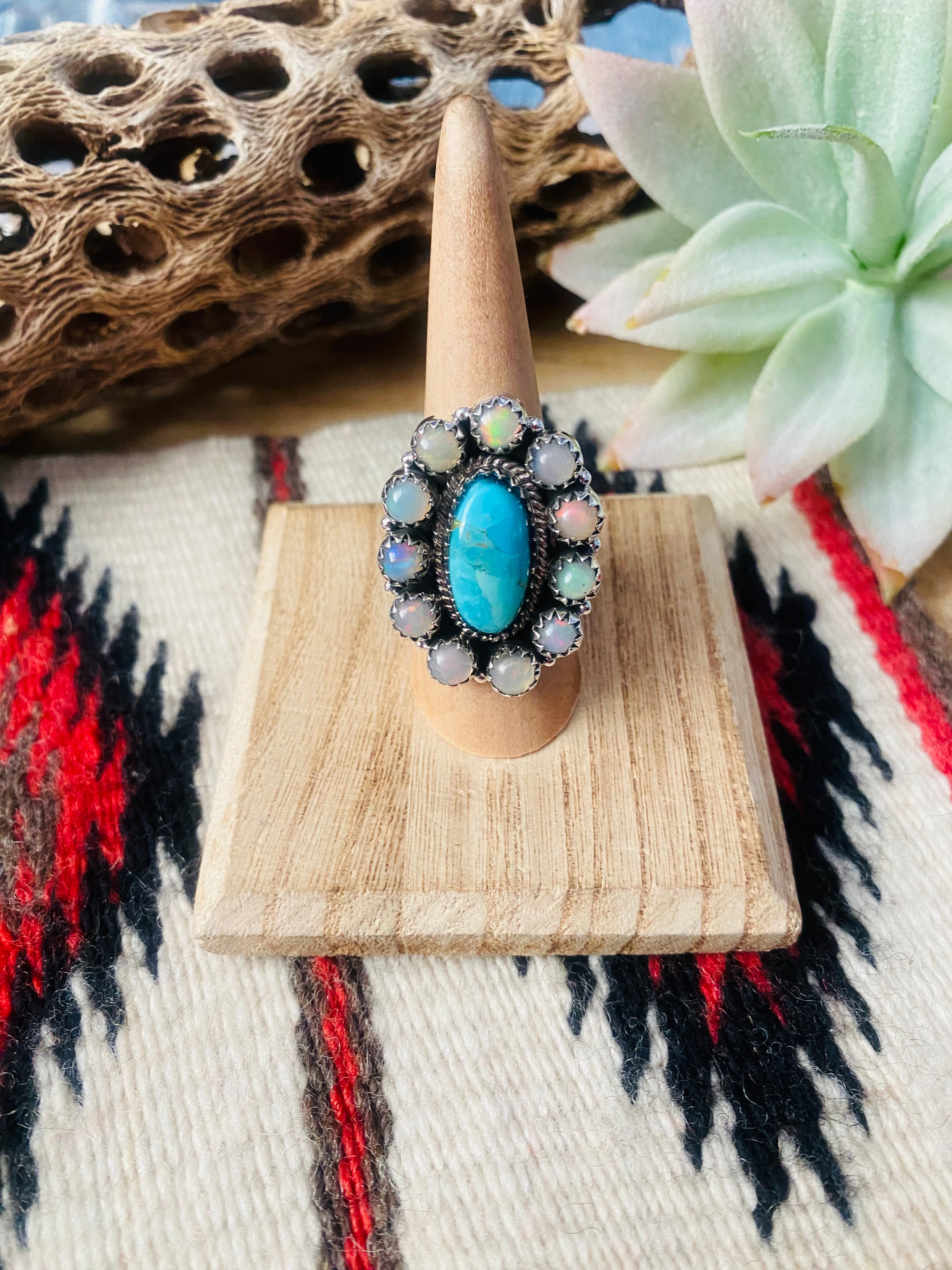 Handmade Sterling Silver, Turquoise & Opal Cluster Adjustable Ring