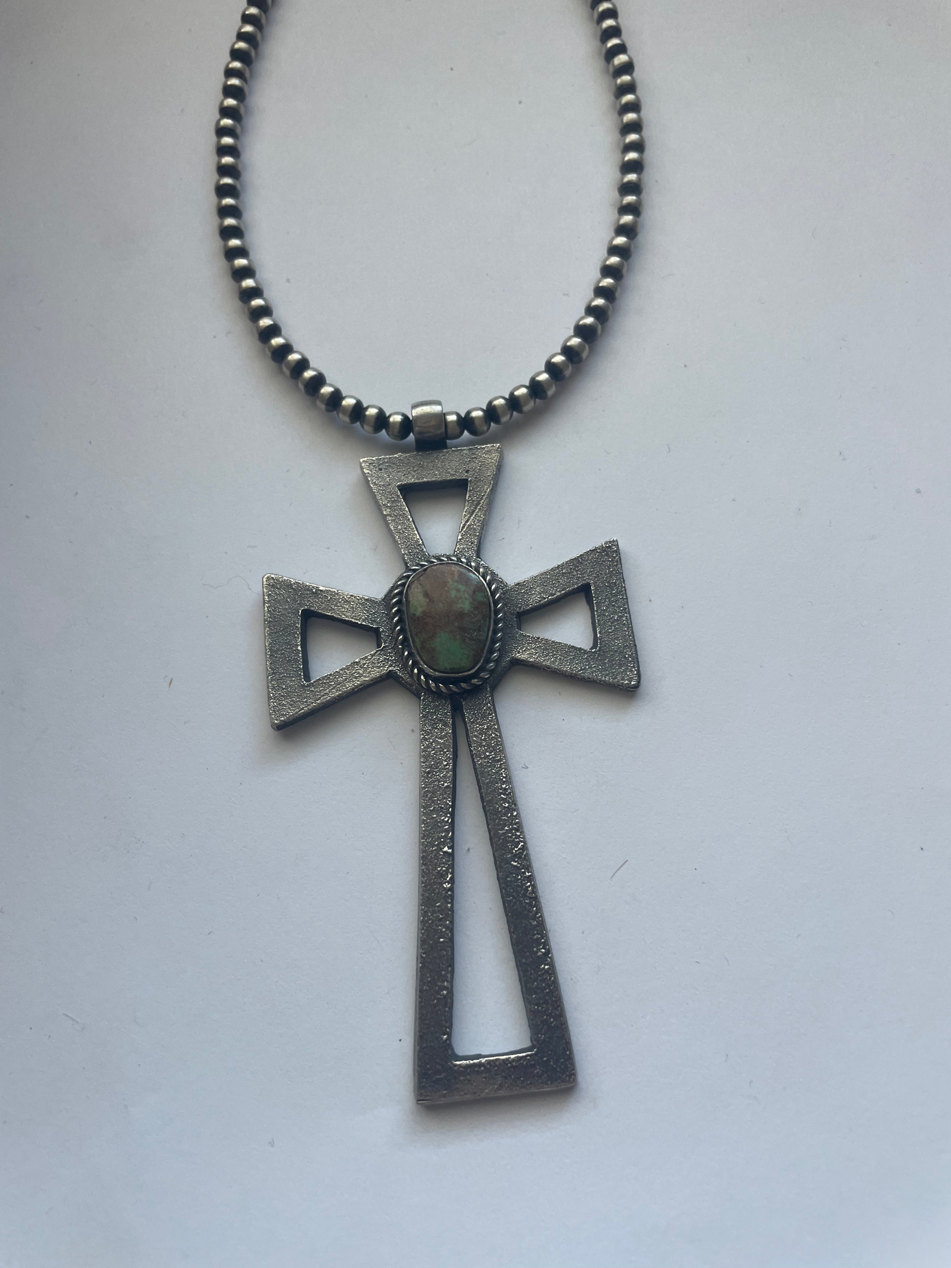 Navajo Sterling Silver & Turquoise Cross Pendant Signed Eugene Mitchell