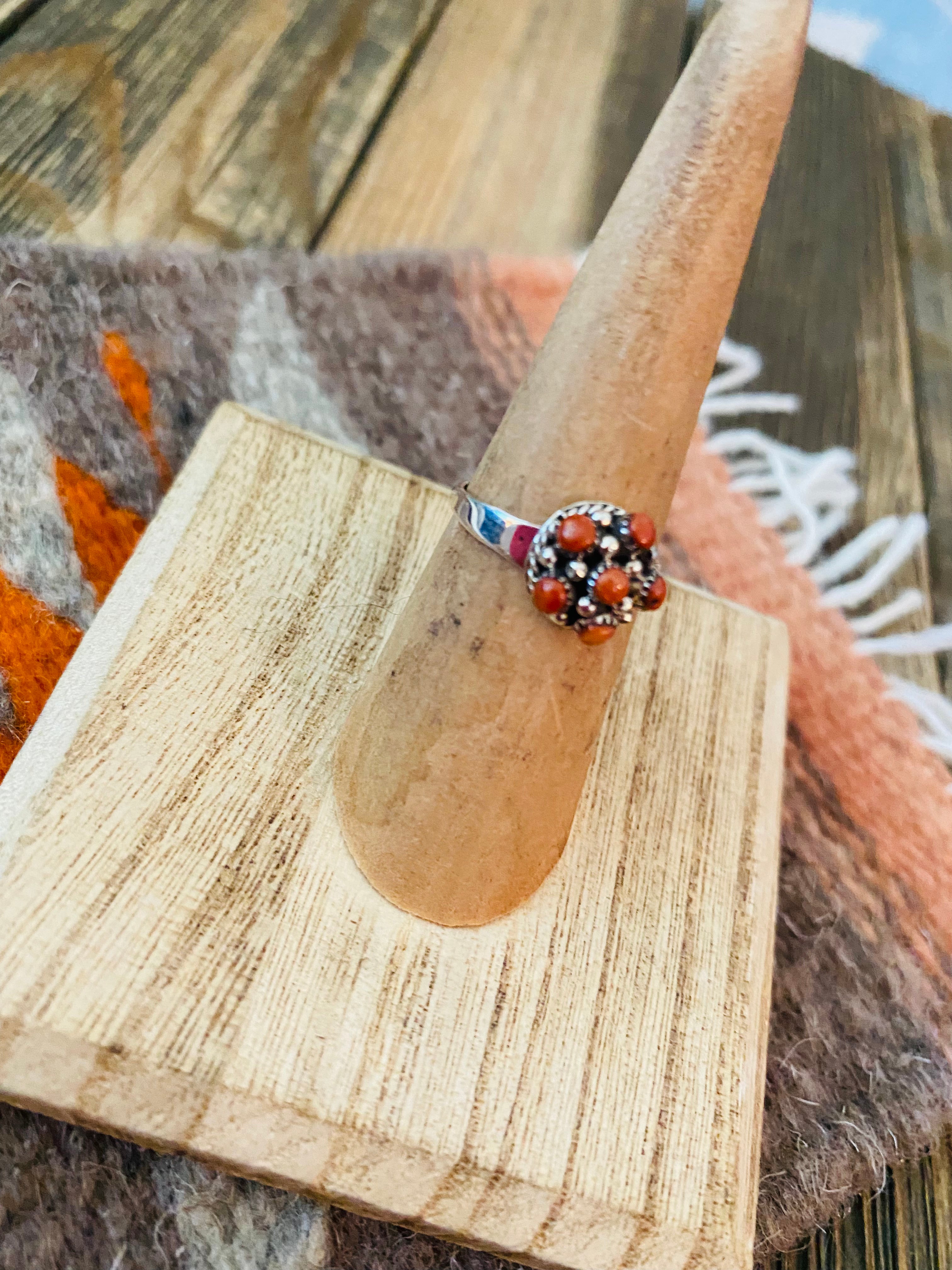 Zuni Sterling Silver & Red Coral Petit Point Ring