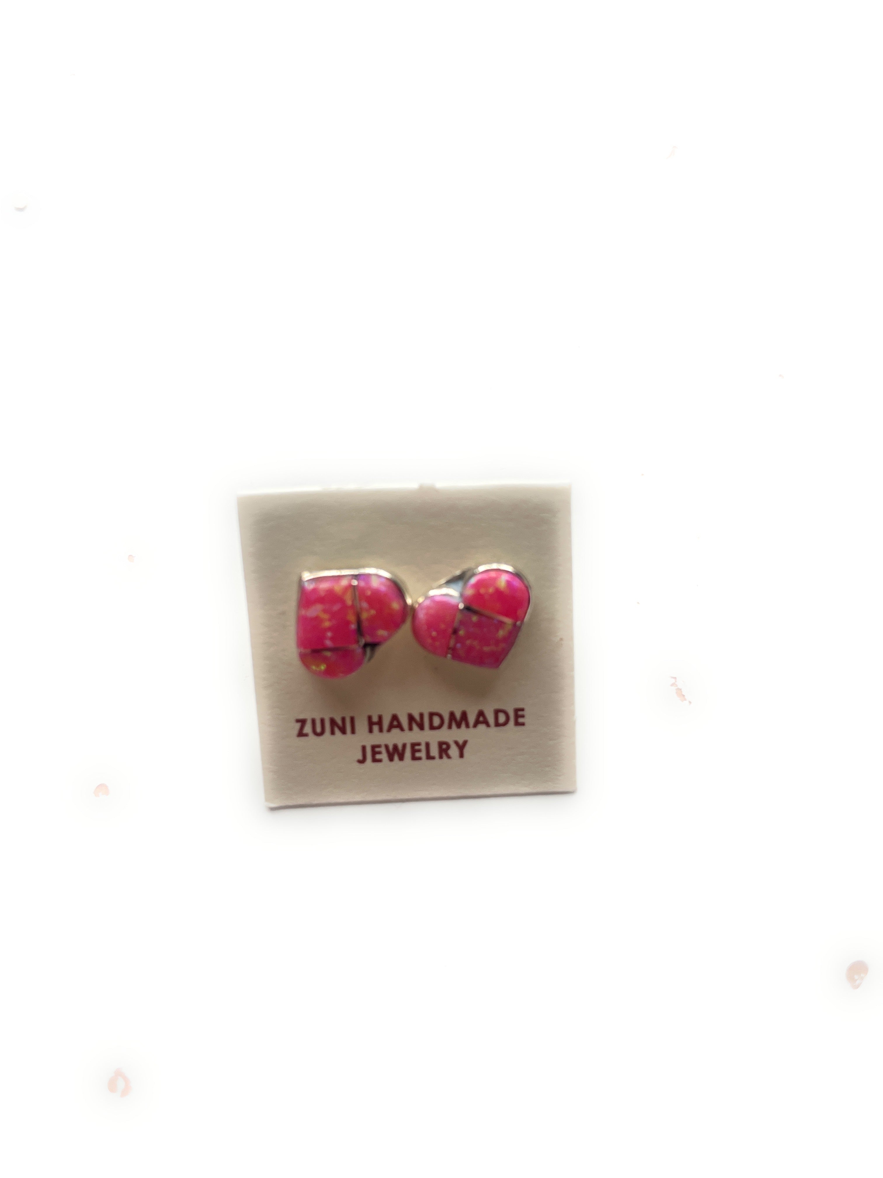 Zuni Sterling Silver & Pink Opal Inlay Heart Stud Earrings