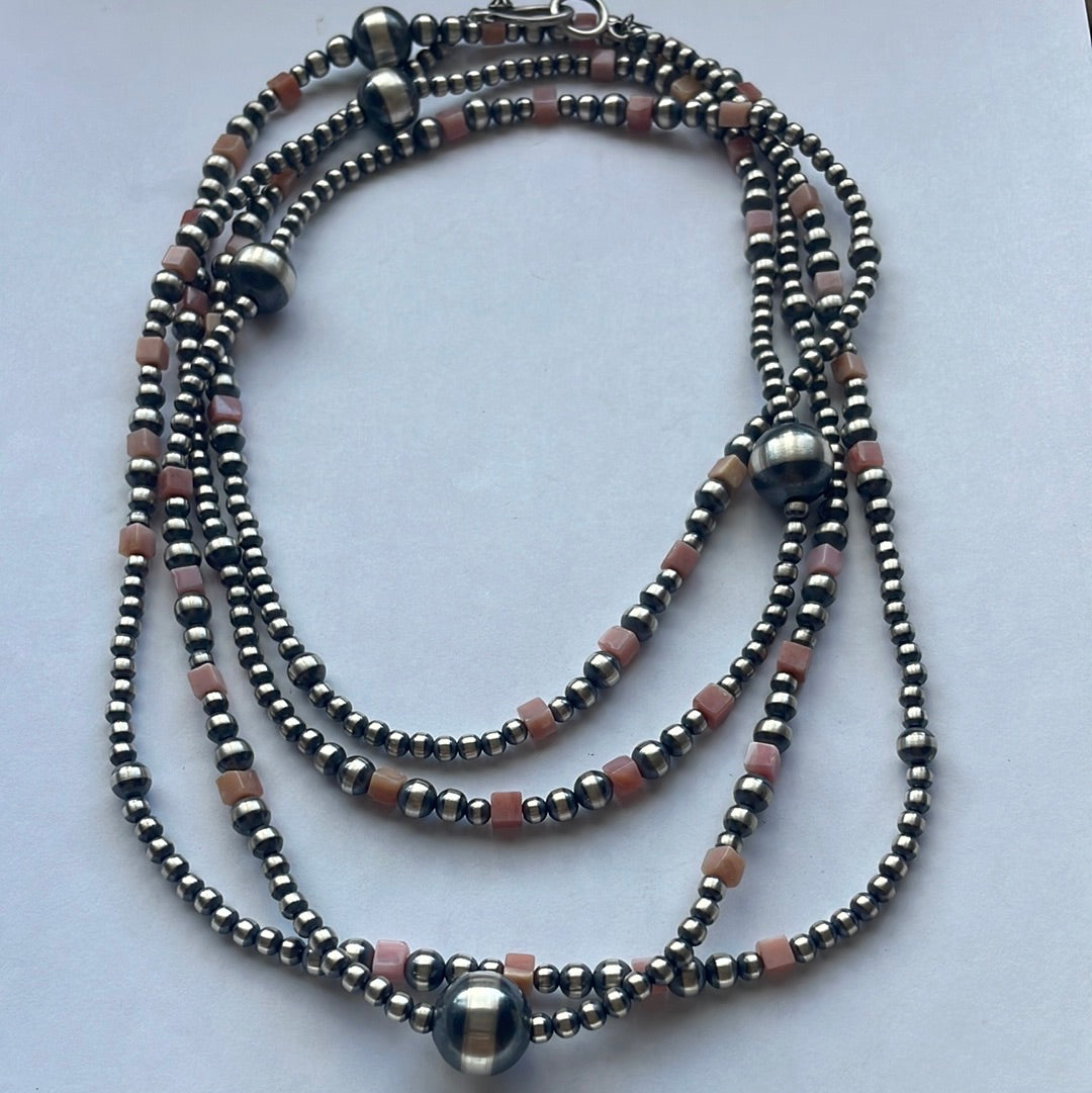 Navajo Pink Conch & Sterling Silver Beaded Necklace 72”