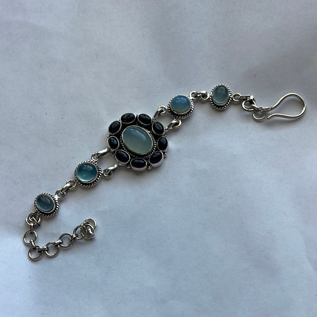 Handmade Sterling Silver, Onyx & Aqua Calcedony Link Bracelet Signed Nizhoni