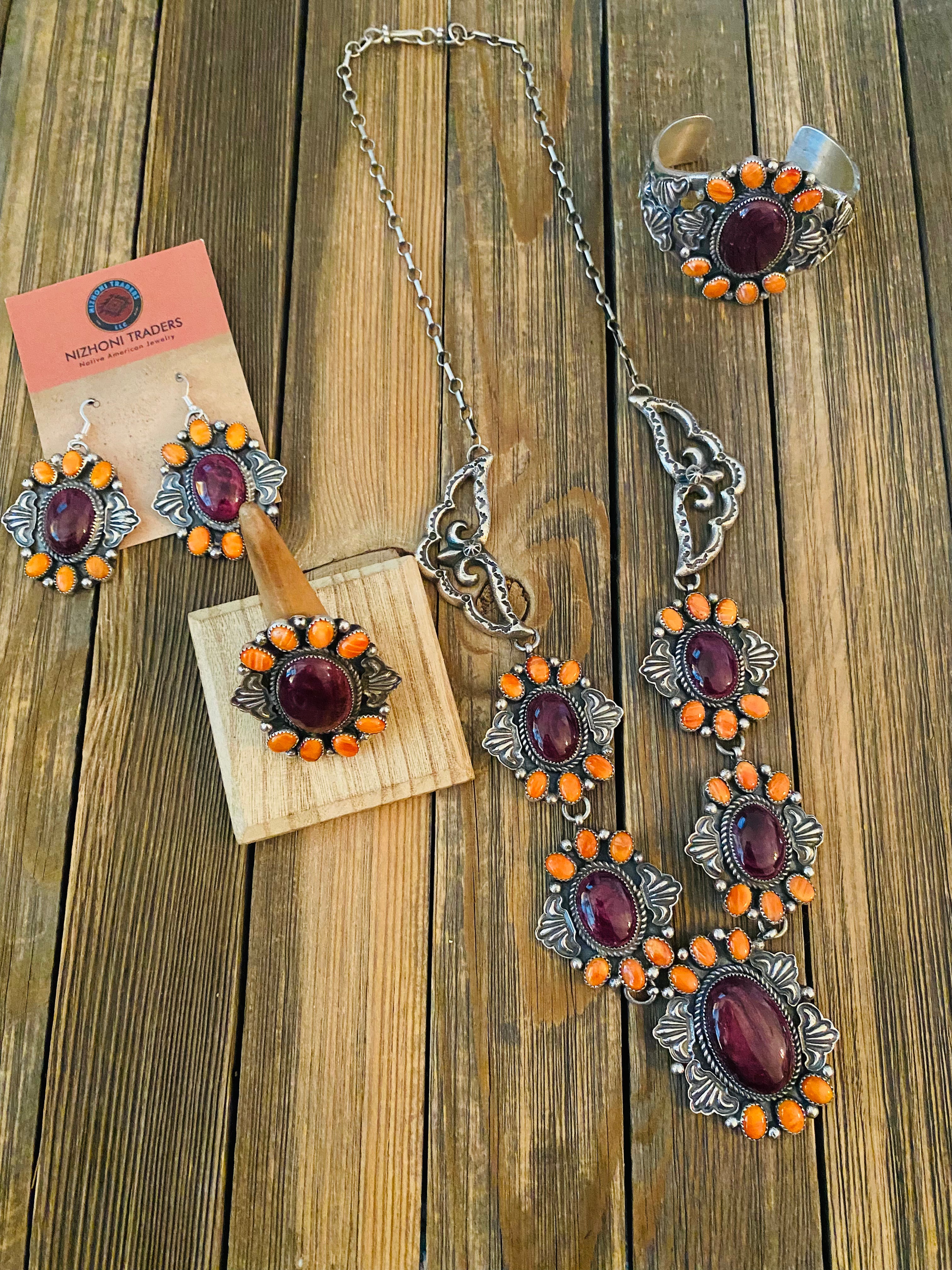 Navajo Multicolor Spiny And Sterling Silver 4 Piece Set by Kevin Billah