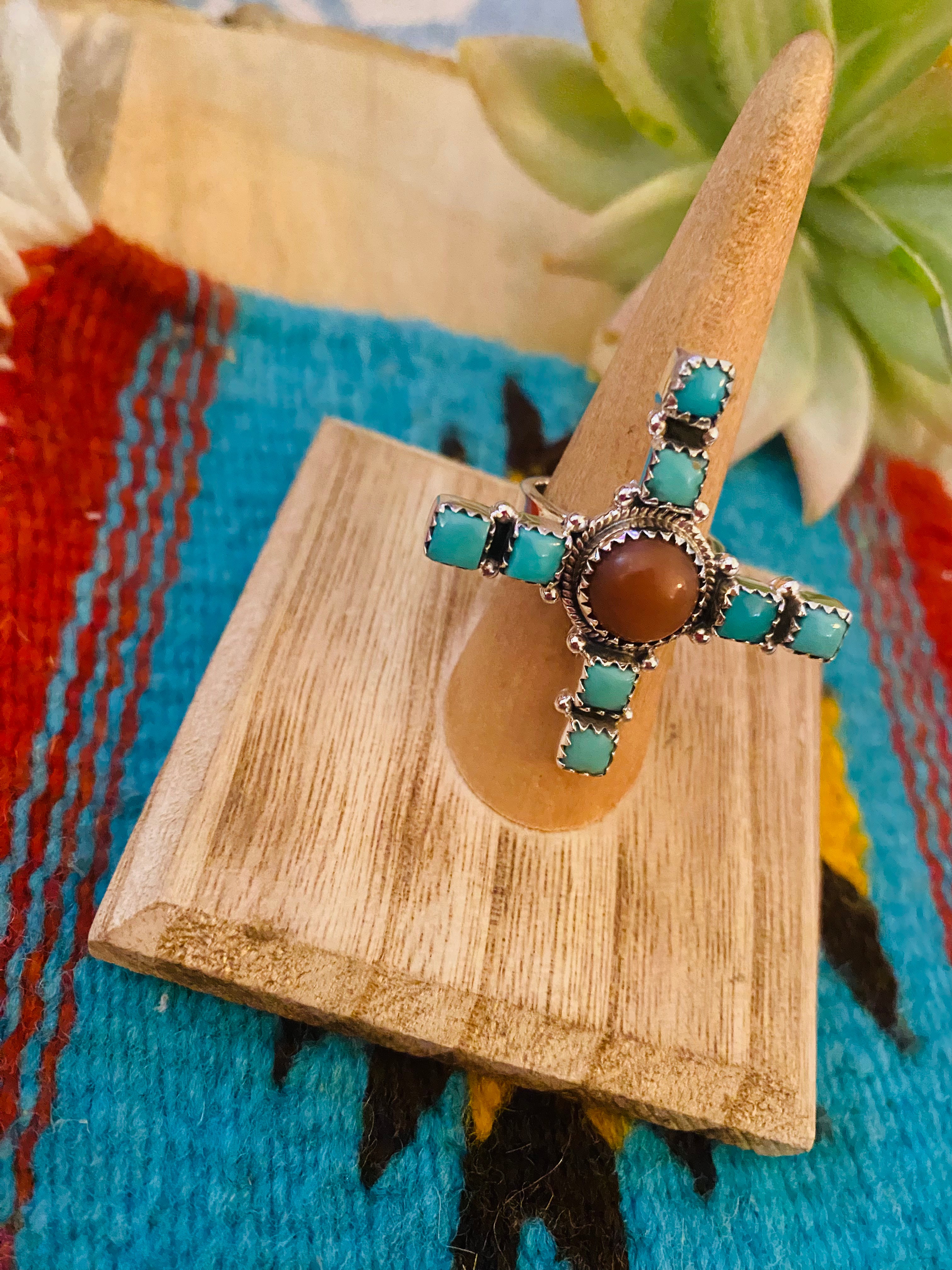 Beautiful Sterling Silver, Mother of Pearl & Turquoise Adjustable Ring