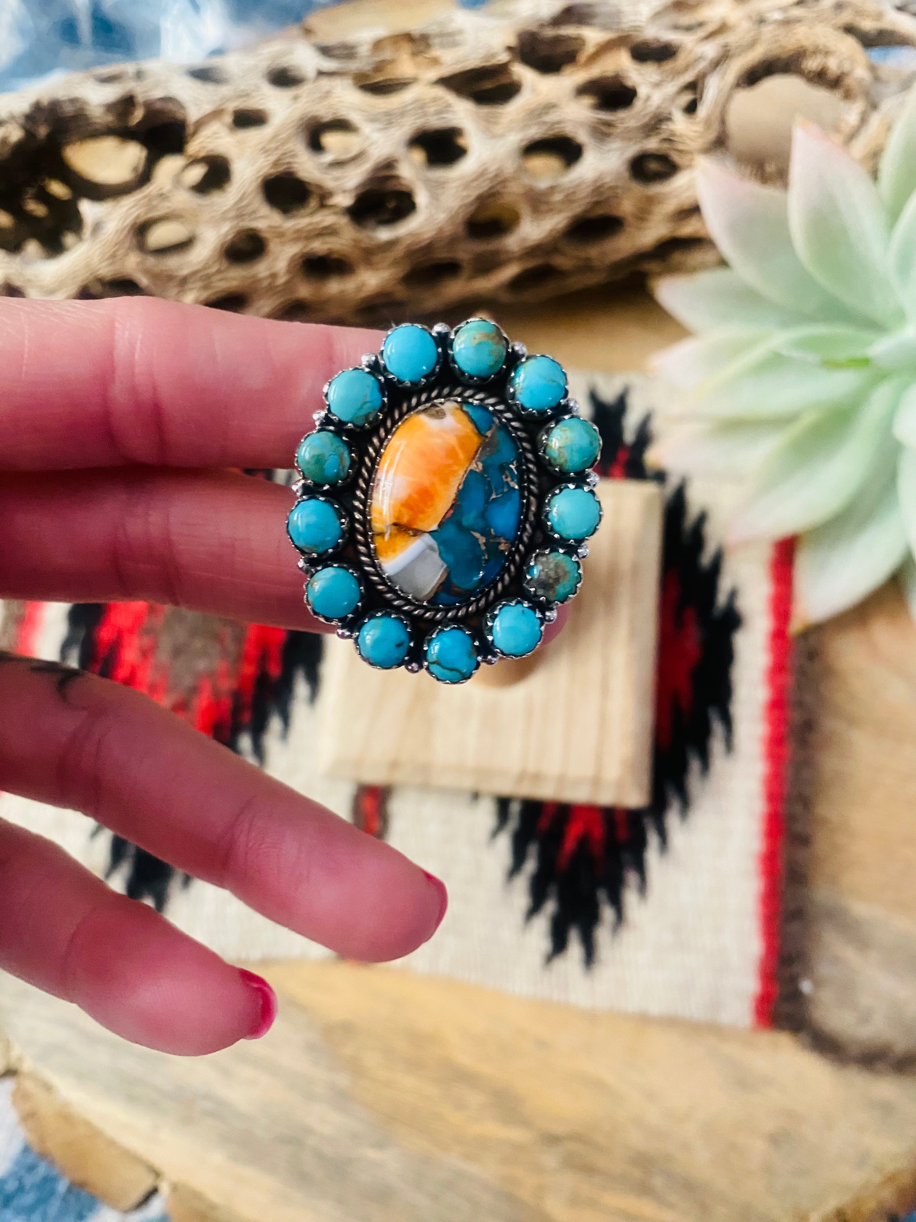 Handmade Sterling Silver, Spice & Turquoise Cluster Adjustable Ring