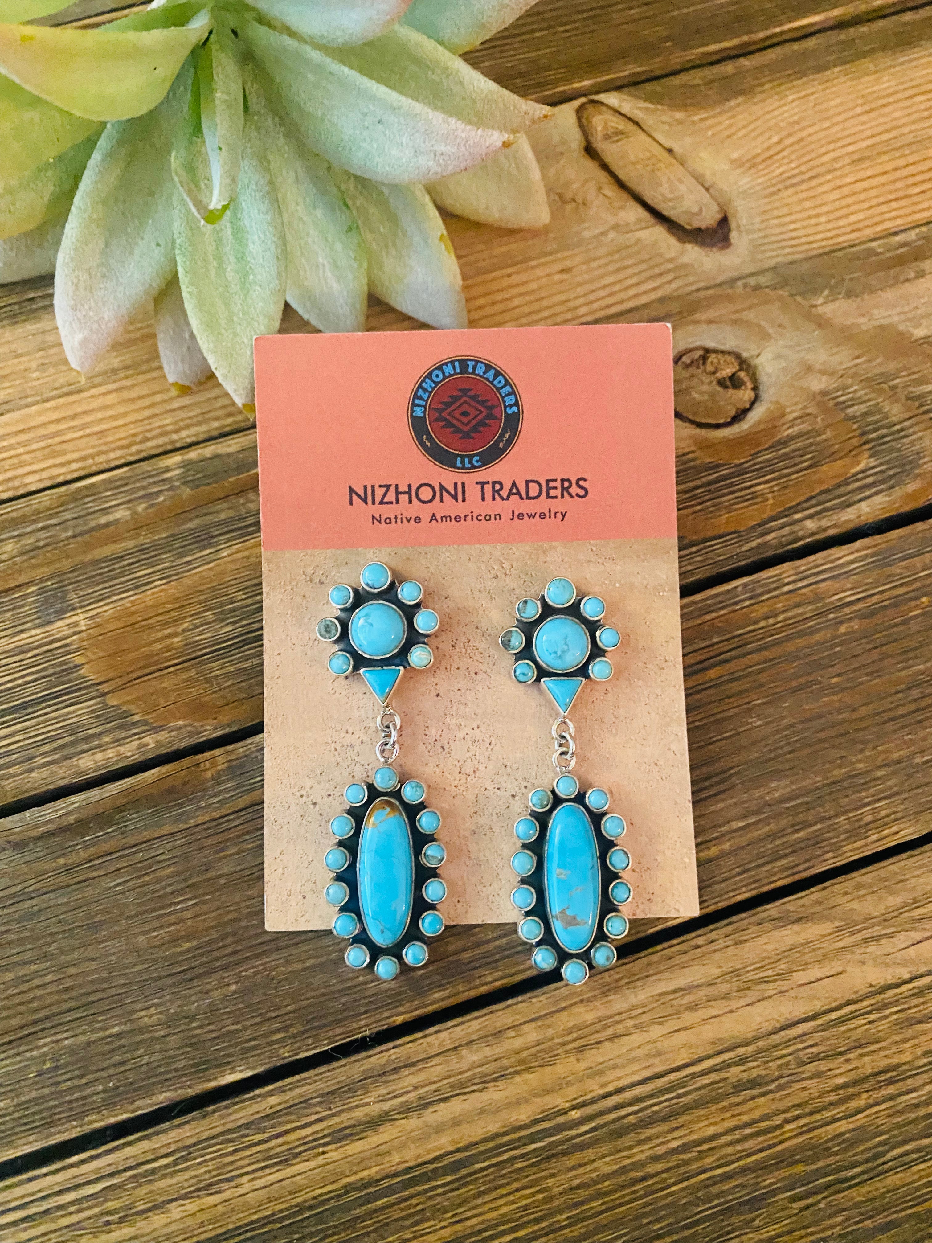 Handmade Turquoise And Sterling Silver Cluster Dangle Earrings