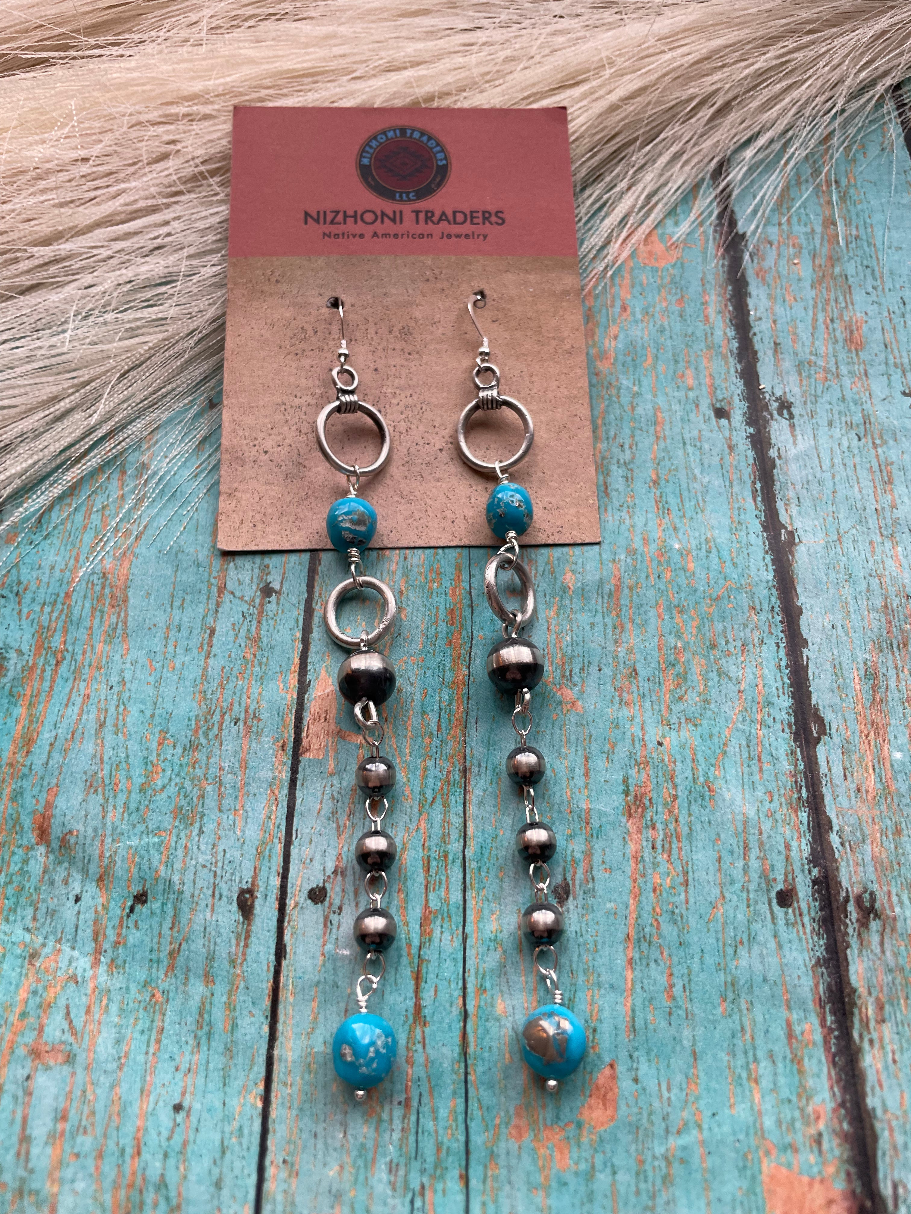 Navajo Sterling Silver & Turquoise Beaded Necklace & Earrings Set