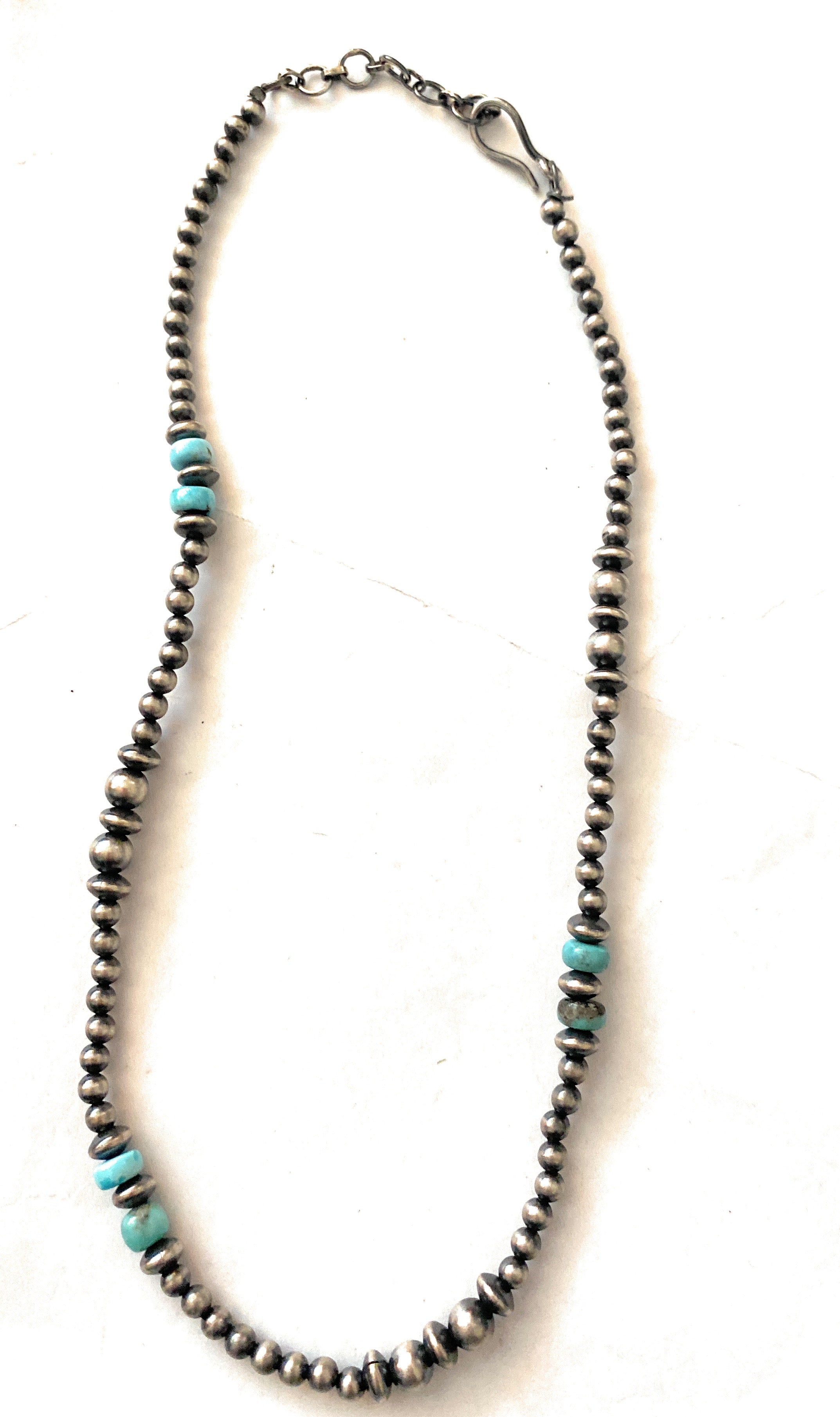 Handmade Sterling Silver & Turquoise Beaded Necklace 16-18”