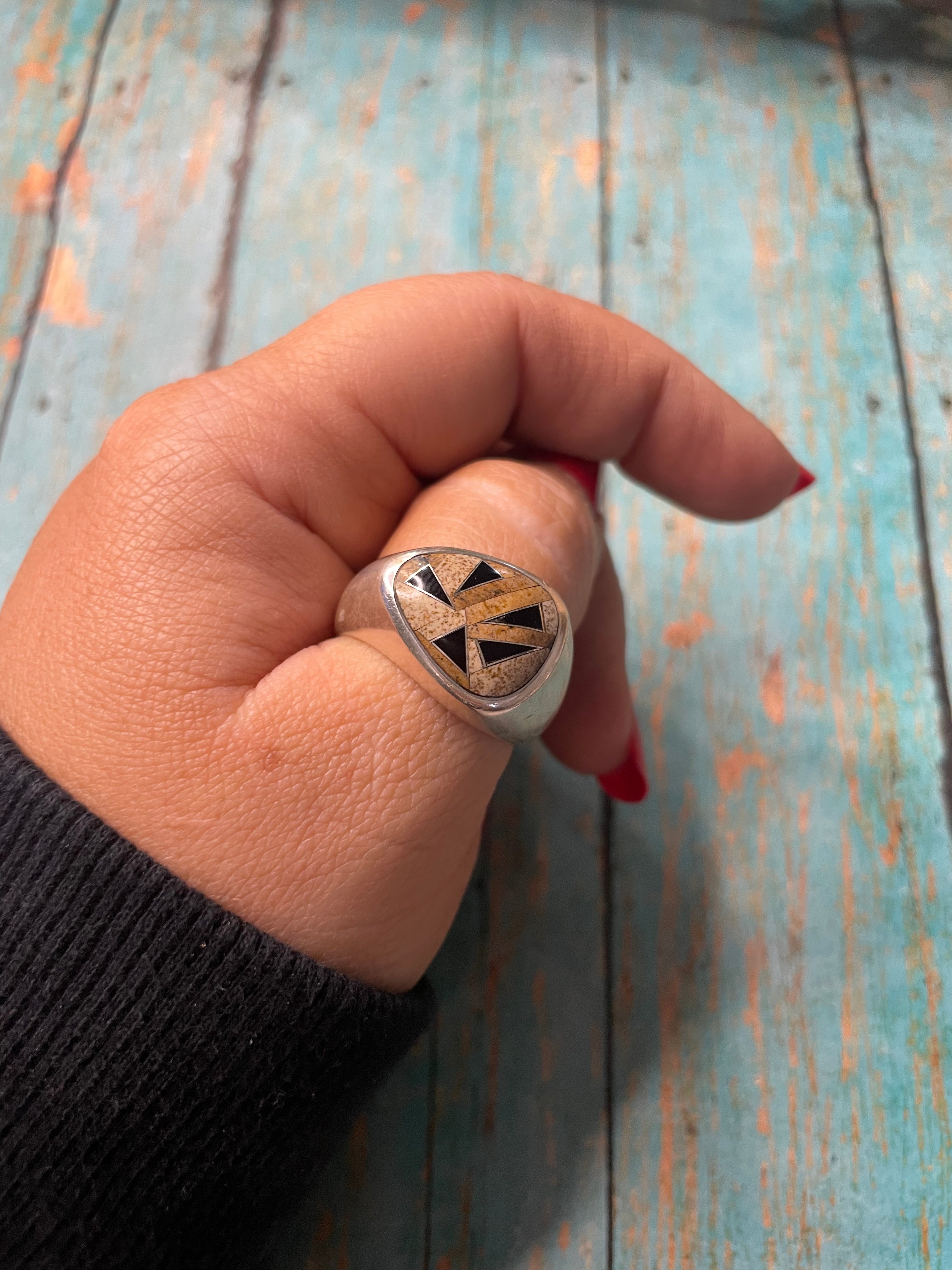 Old Pawn Navajo Sterling Silver, Tiger Eye & Onyx Ring Size 11