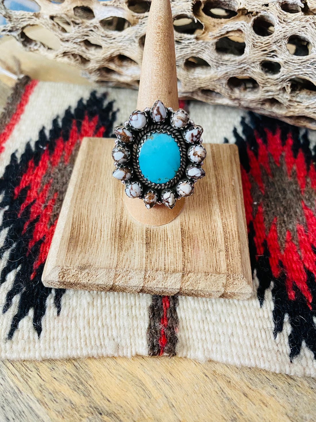 Handmade Sterling Silver, Wild Horse & Turquoise Cluster Adjustable Ring