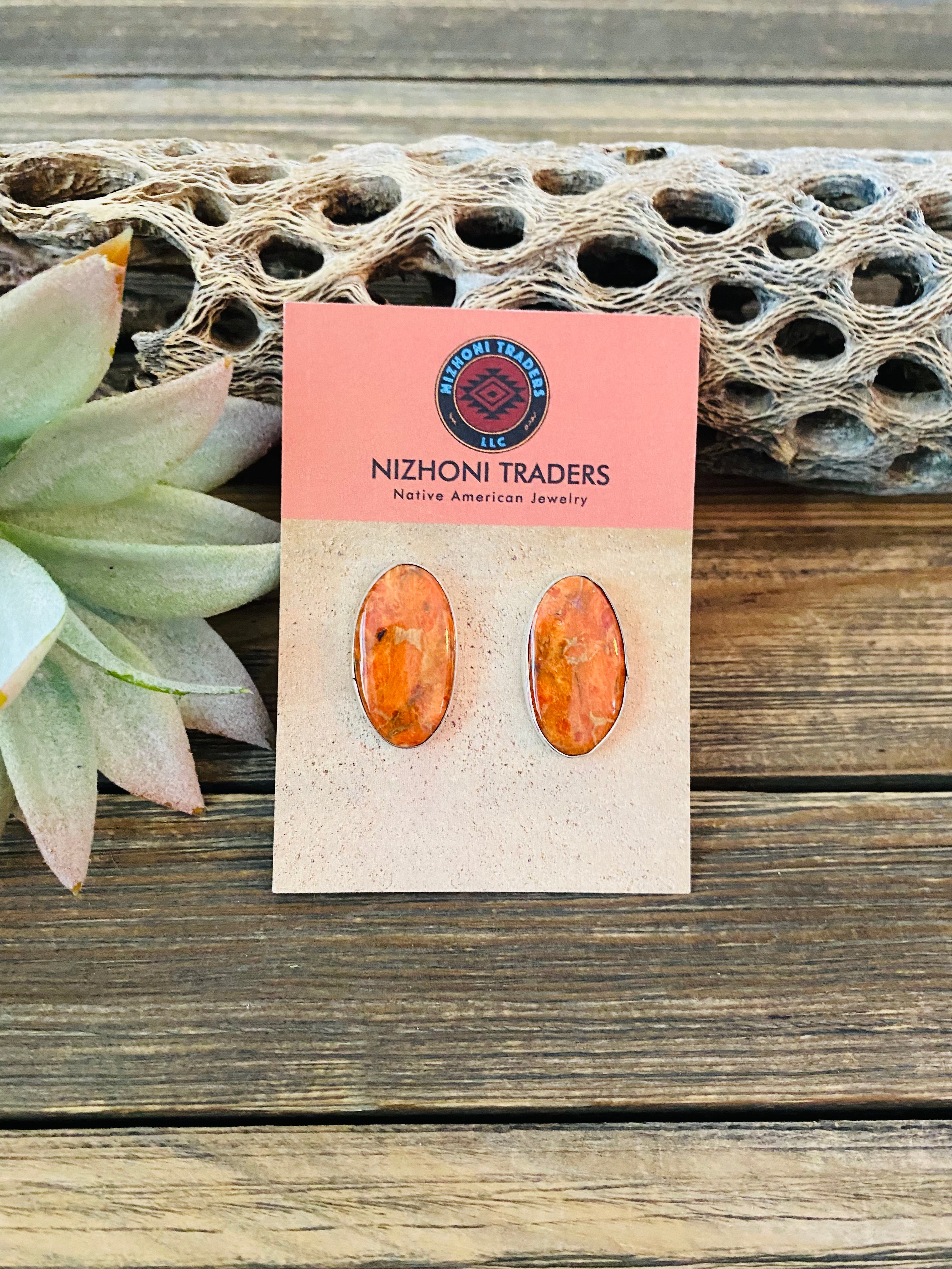 Navajo Sterling Silver & Orange Spiny Post Earrings 1.1/8”