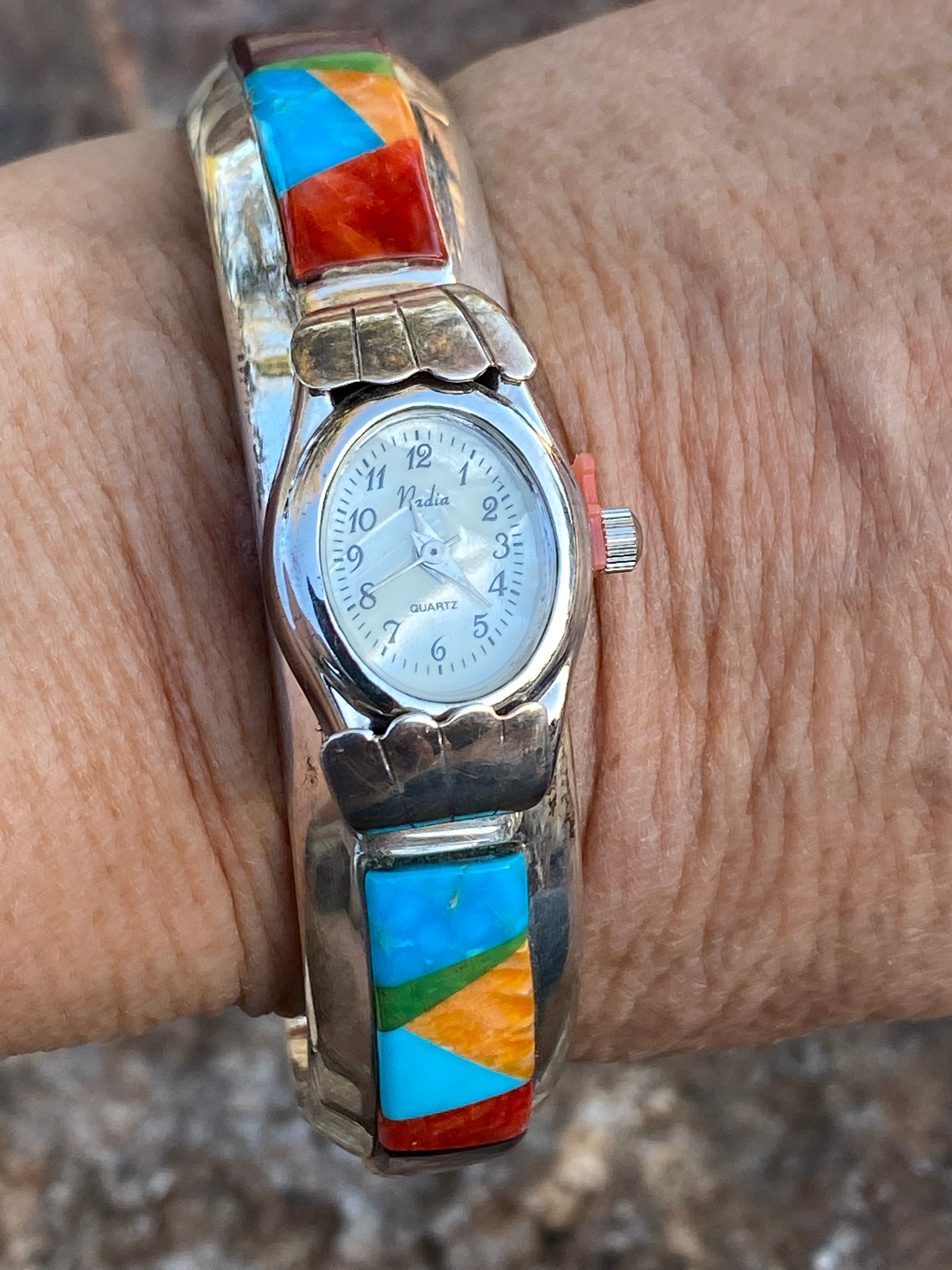 Navajo Turquoise, Purple spiny & Sterling silver Inlay Watch