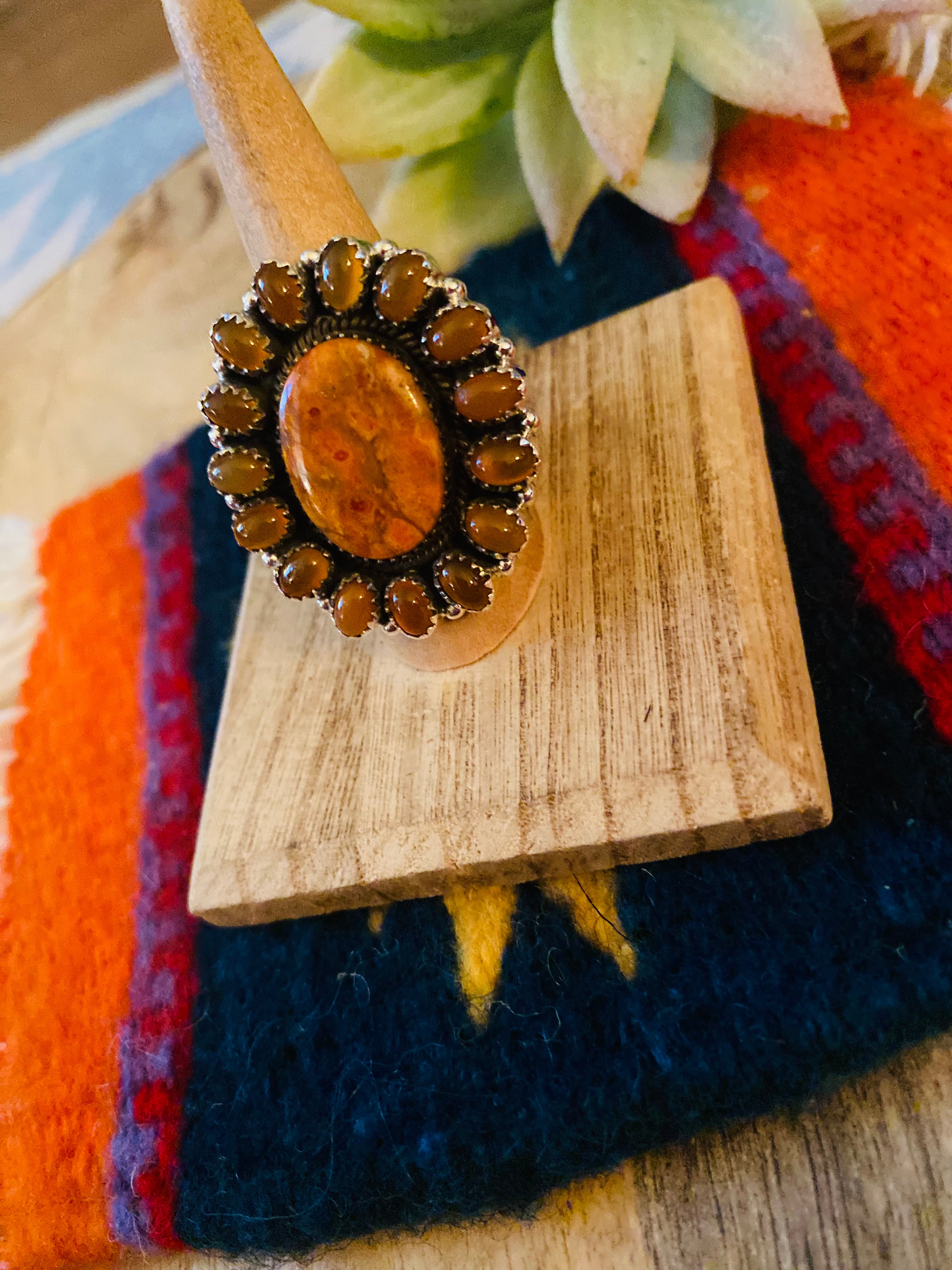 Handmade Sterling Silver, Carnelian & Spiny Mohave Cluster Adjustable Ring