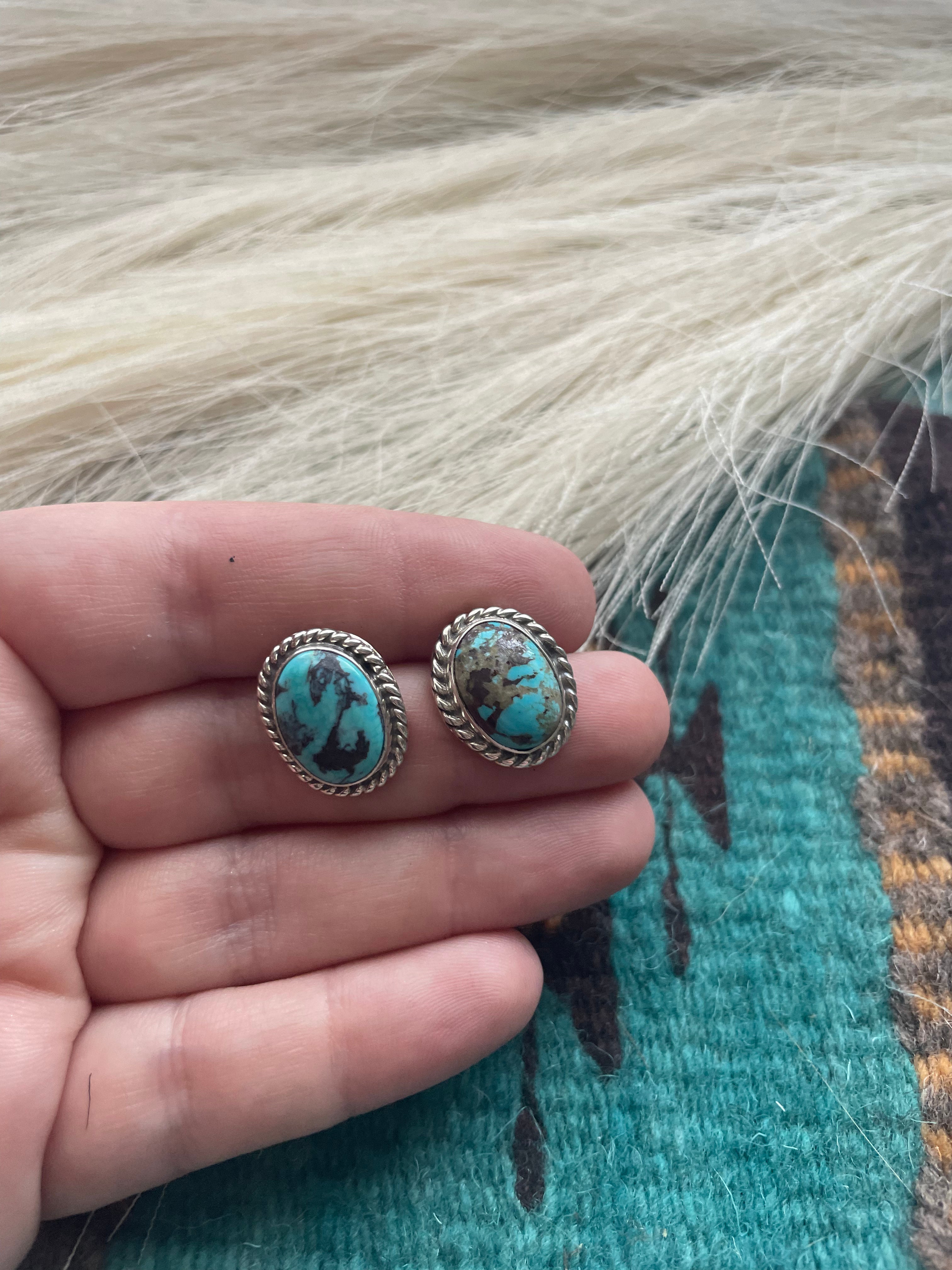 Navajo Sterling Silver & Turquoise Stud Earrings Signed M Silversmith