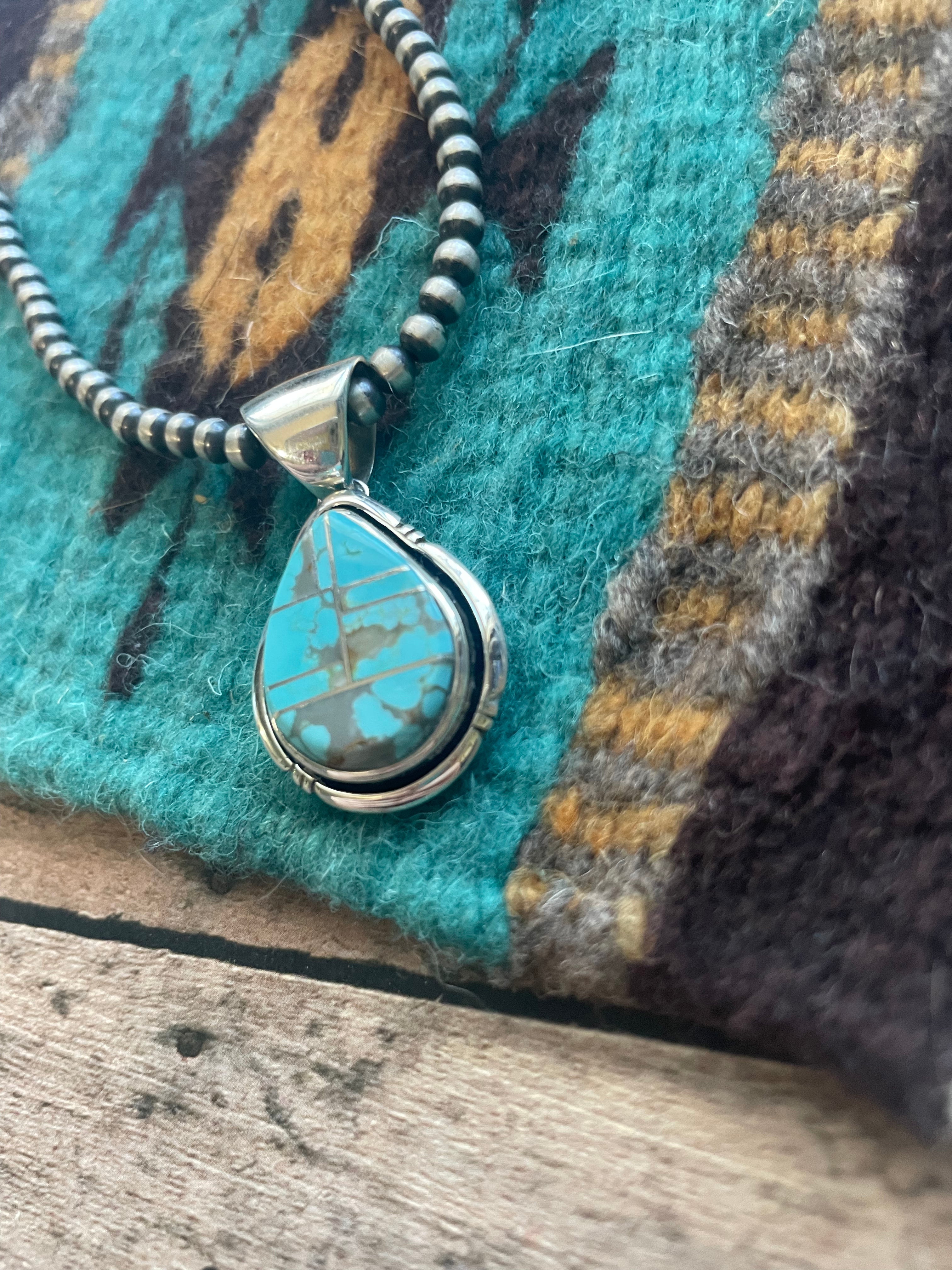 Number 8 Turquoise Inlay & Sterling Silver Pendant