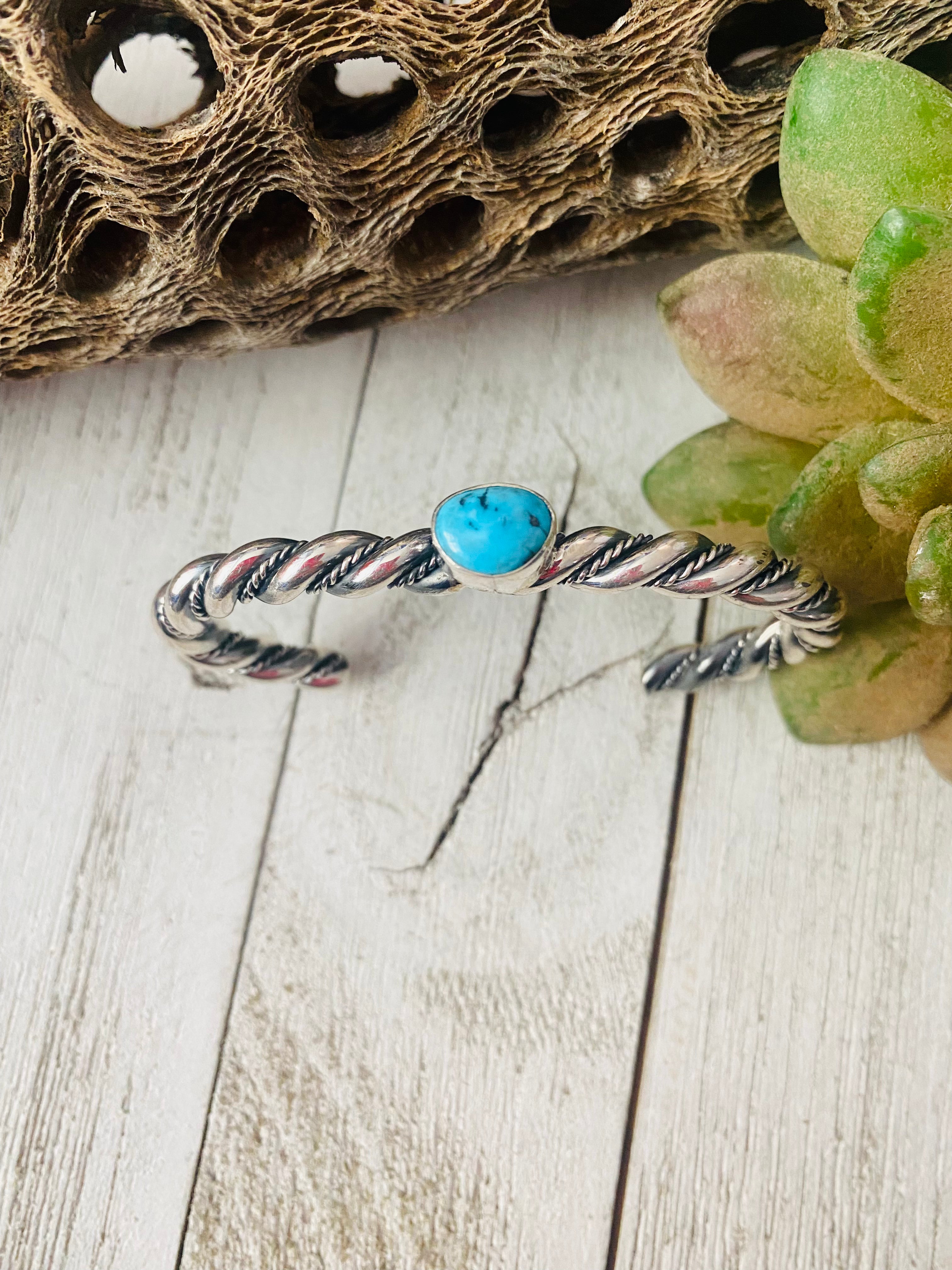 Navajo Twisted Sterling Silver & Kingman Turquoise Cuff Bracelet