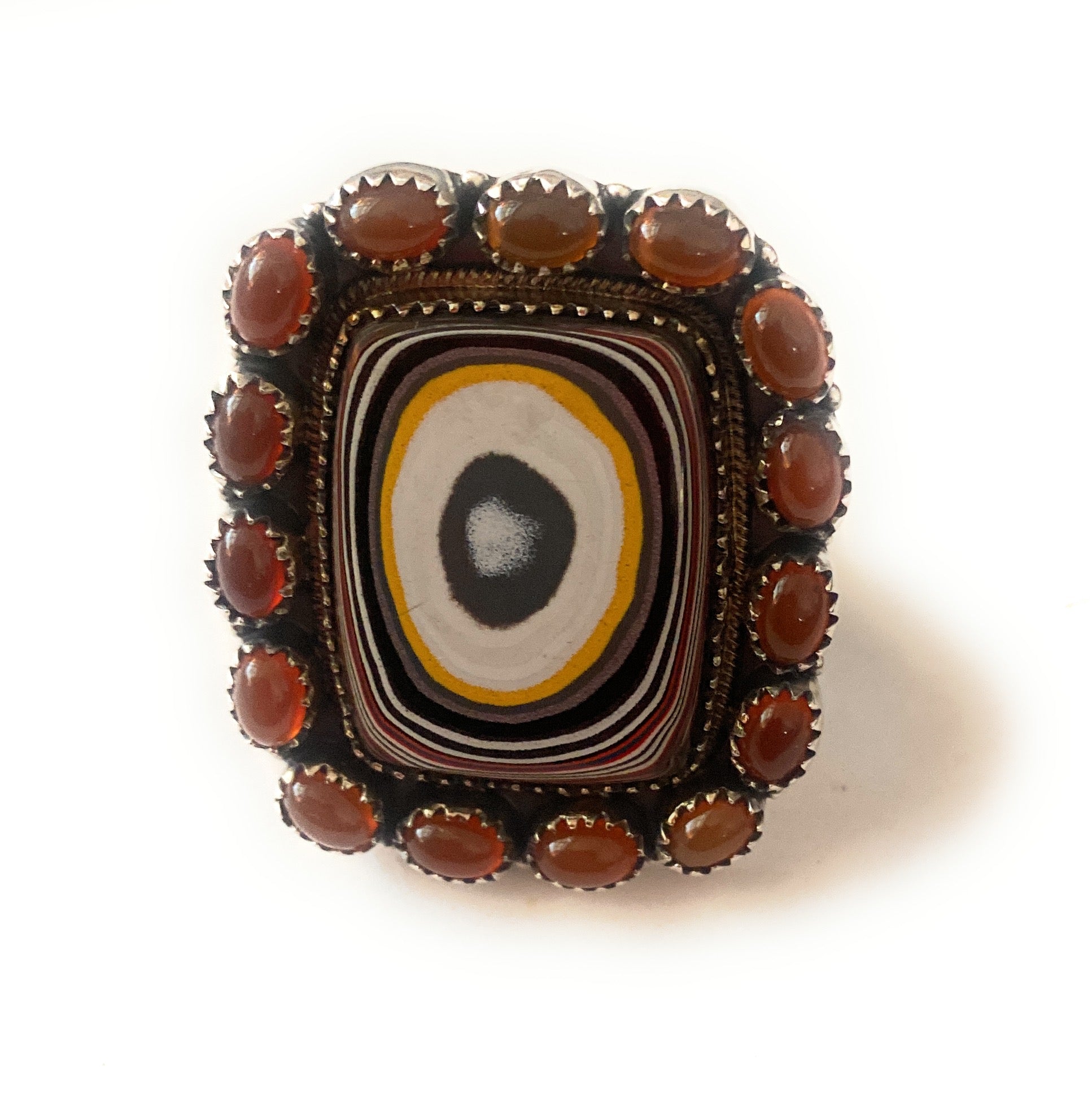 Handmade Sterling Silver, Fordite & Garnet Cluster Adjustable Ring