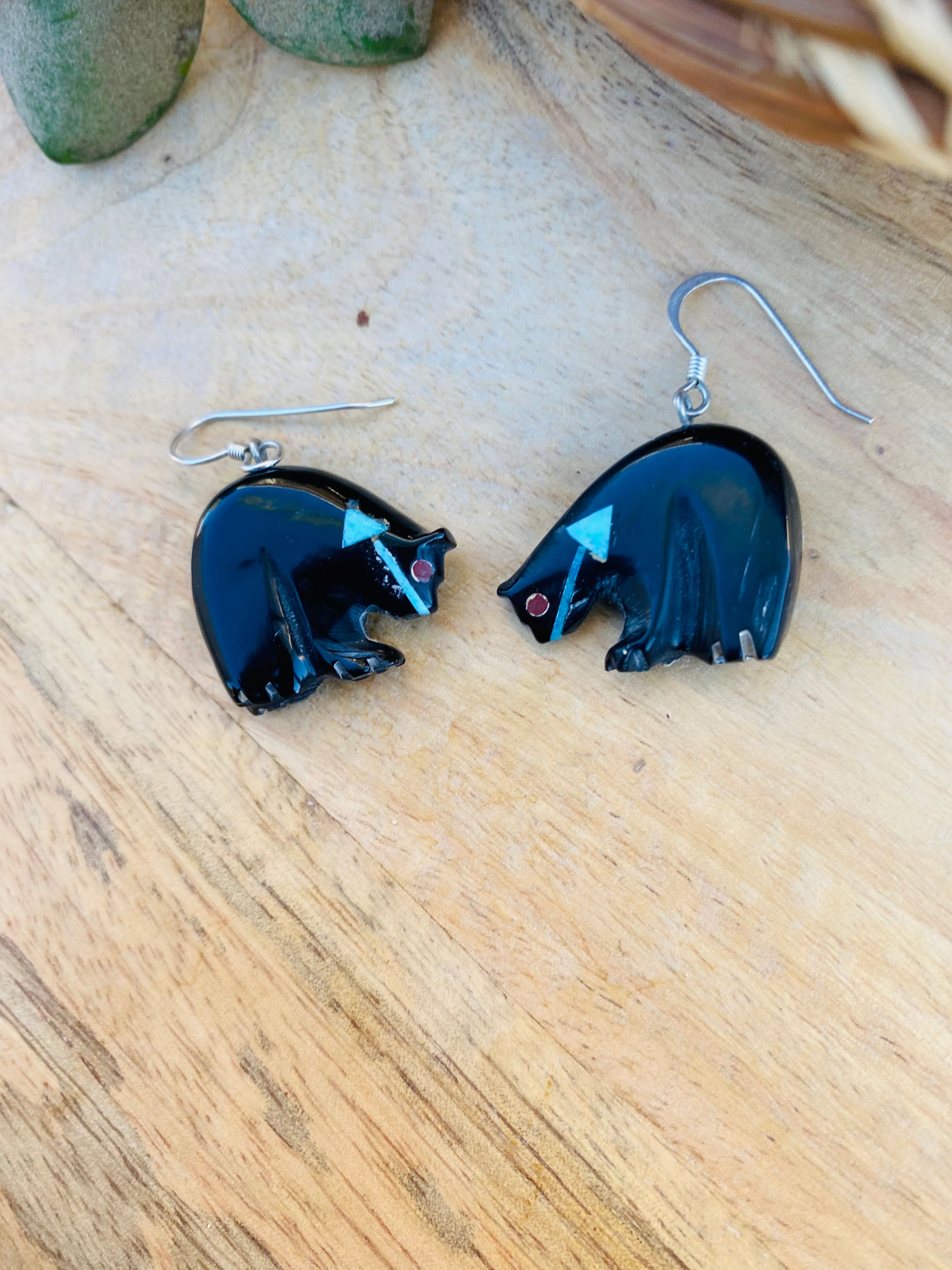 Vintage Zuni Jet & Turquoise Fetish Bear Earrings