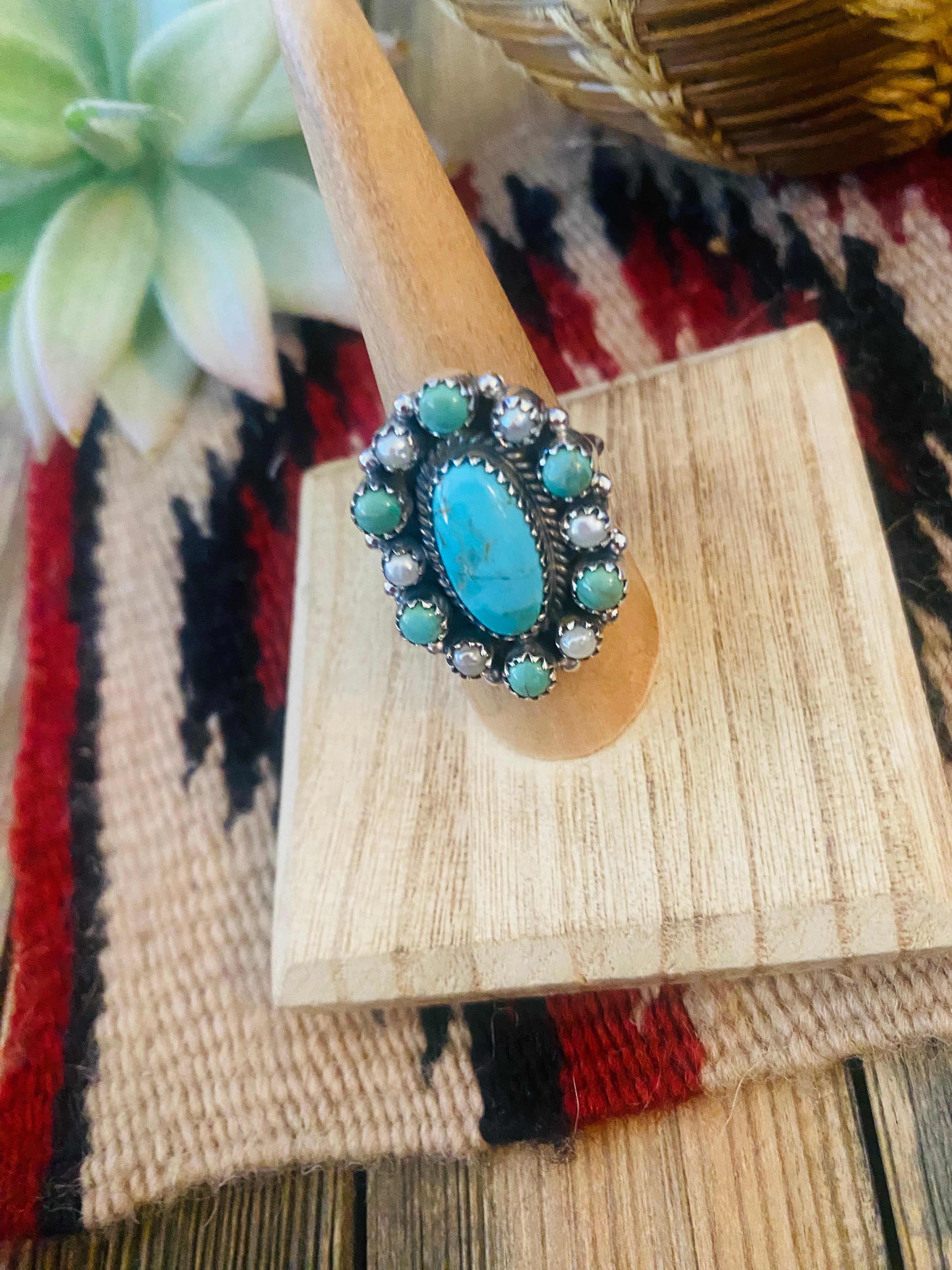 Handmade Sterling Silver, Turquoise & Pearl Cluster Adjustable Ring