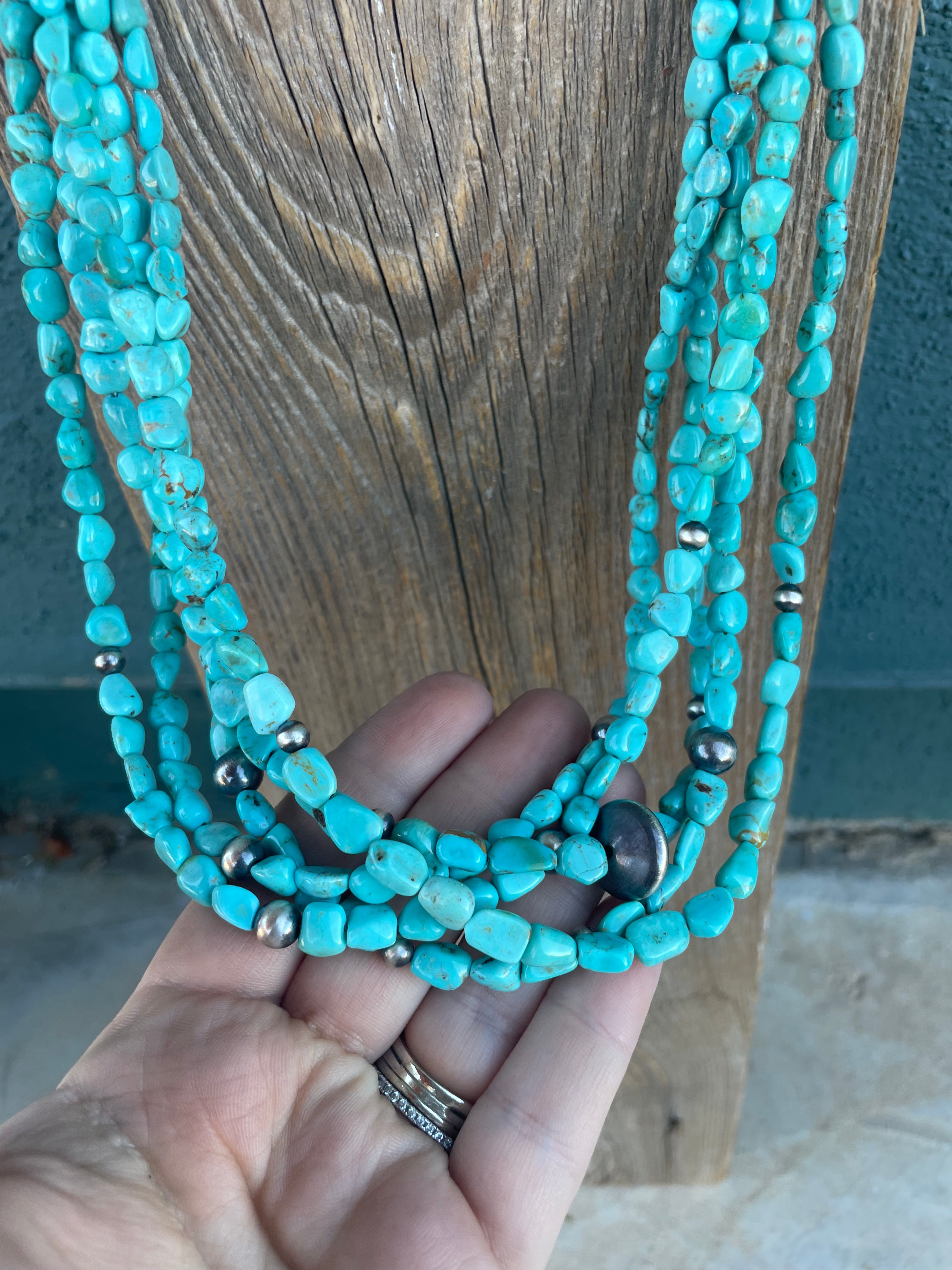 Navajo Turquoise & Sterling Silver 5 Strand Beaded Necklace