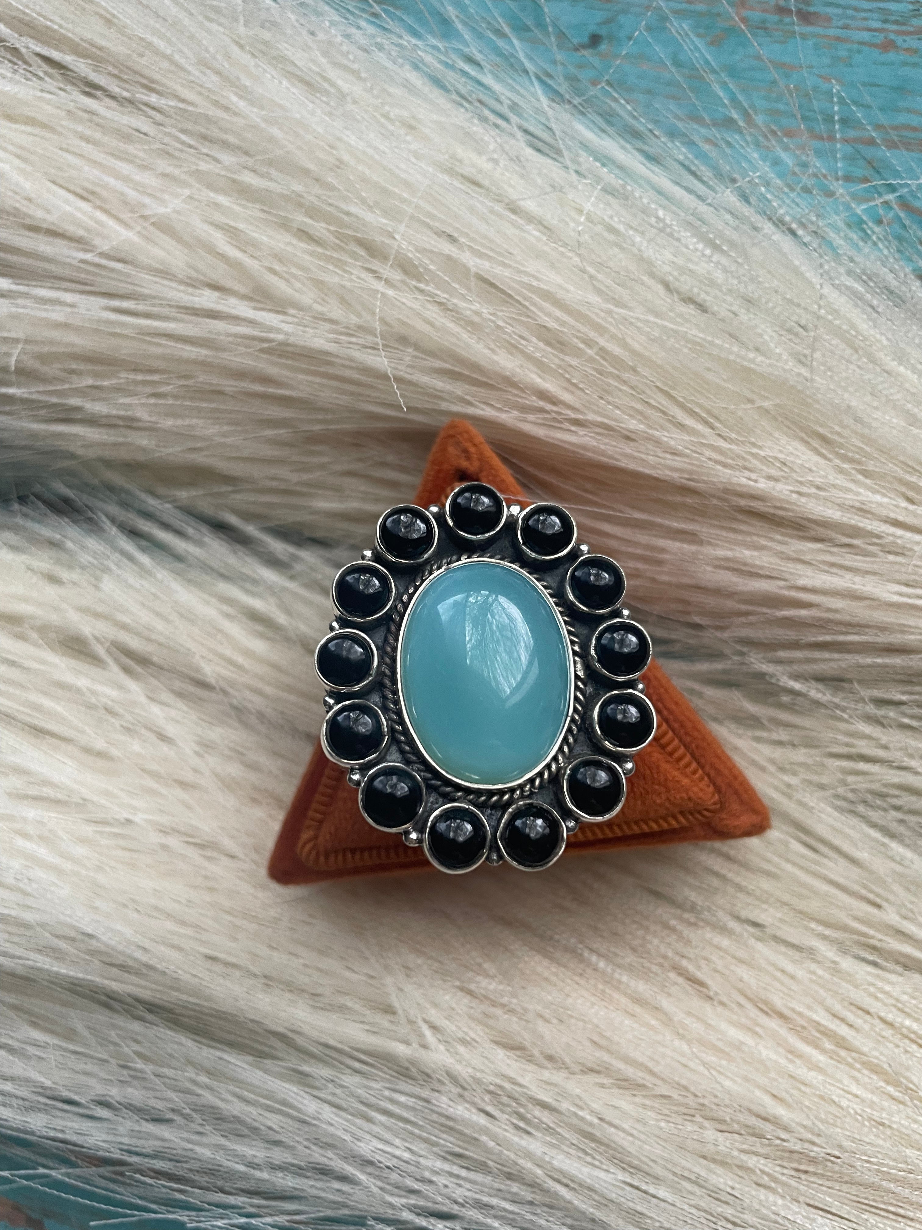 Handmade Sterling Silver Onyx & Aqua Calcedony Cluster Adjustable Ring Signed Nizhoni