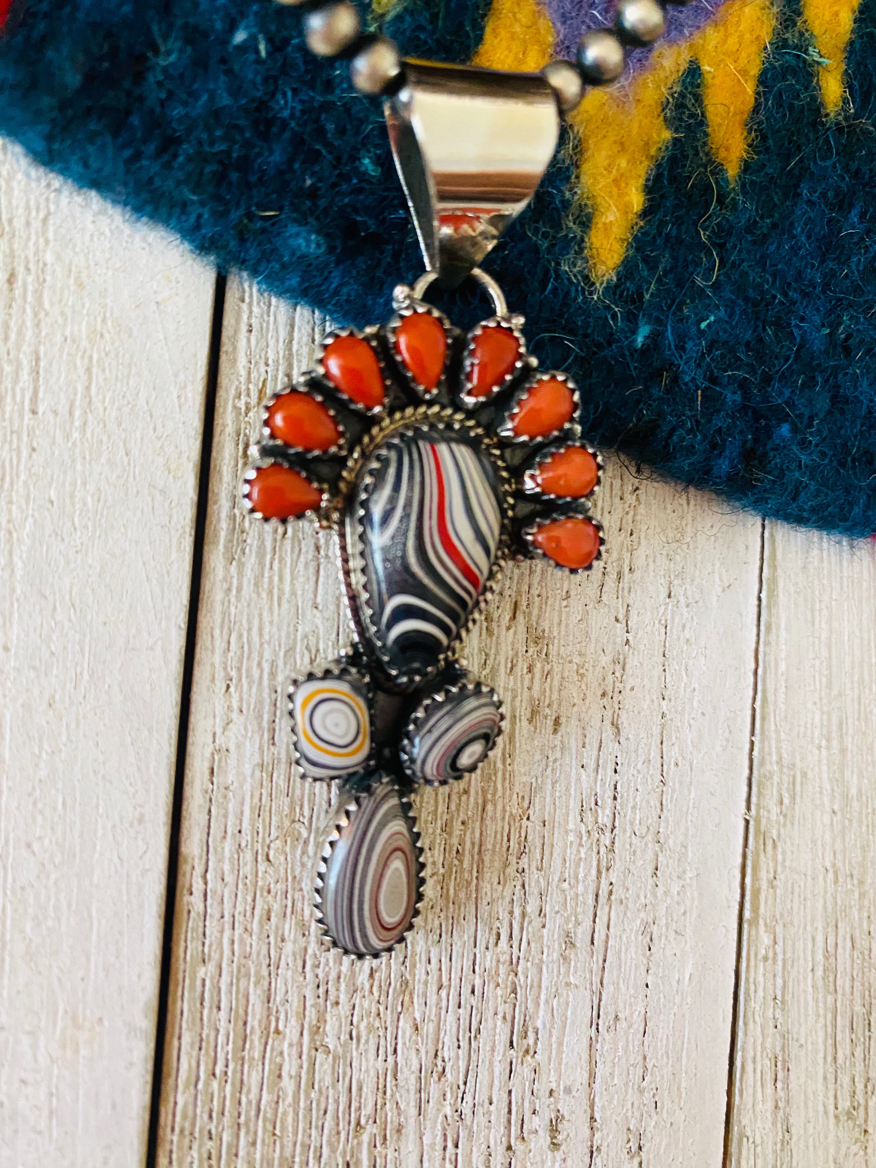 Handmade Sterling Silver, Fordite & Coral Cluster Pendant